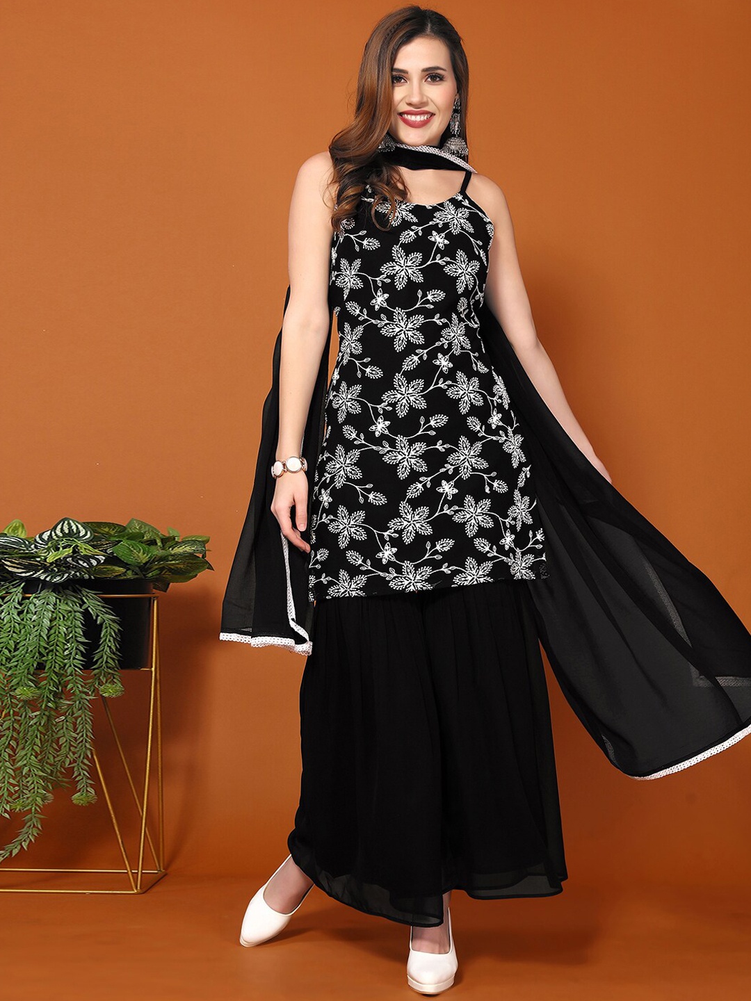 

KALINI Floral Embroidered Thread Work Straight Kurti Sharara & Dupatta, Black
