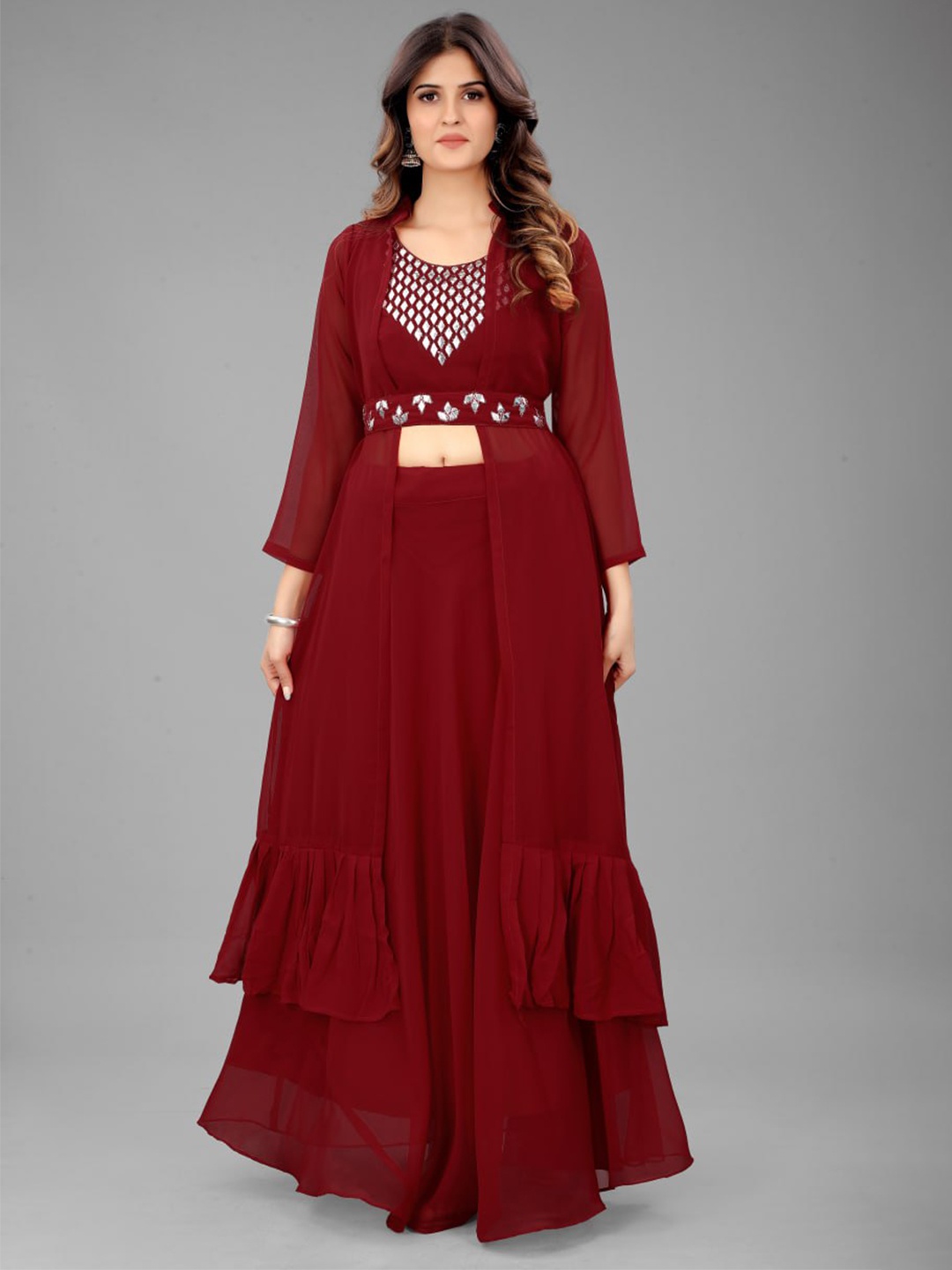

Ashiya Fab Embellished Top With Skirt & Shrug With Belt, Maroon