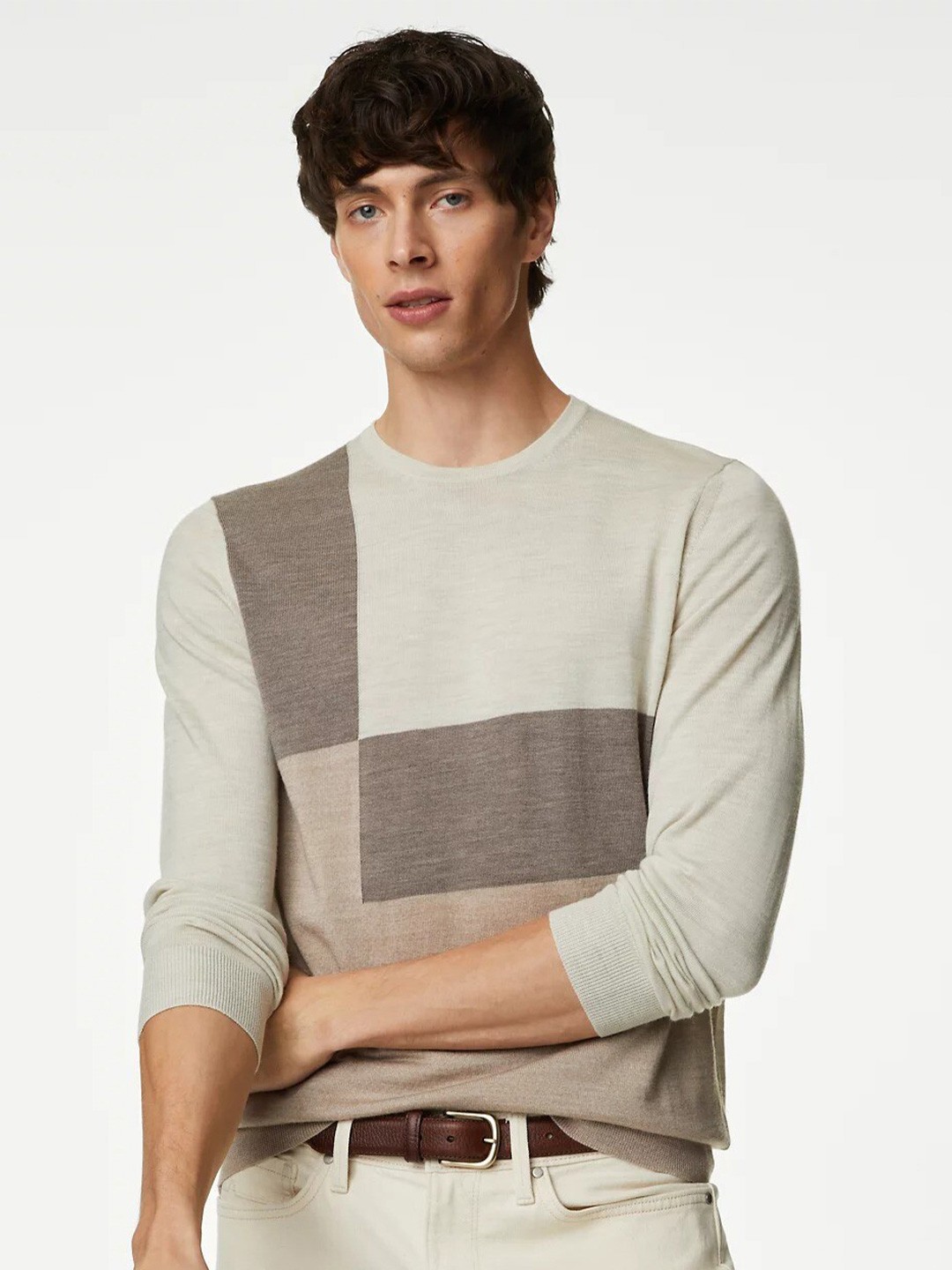 

Marks & Spencer Colourblocked Woollen Pullover, Beige