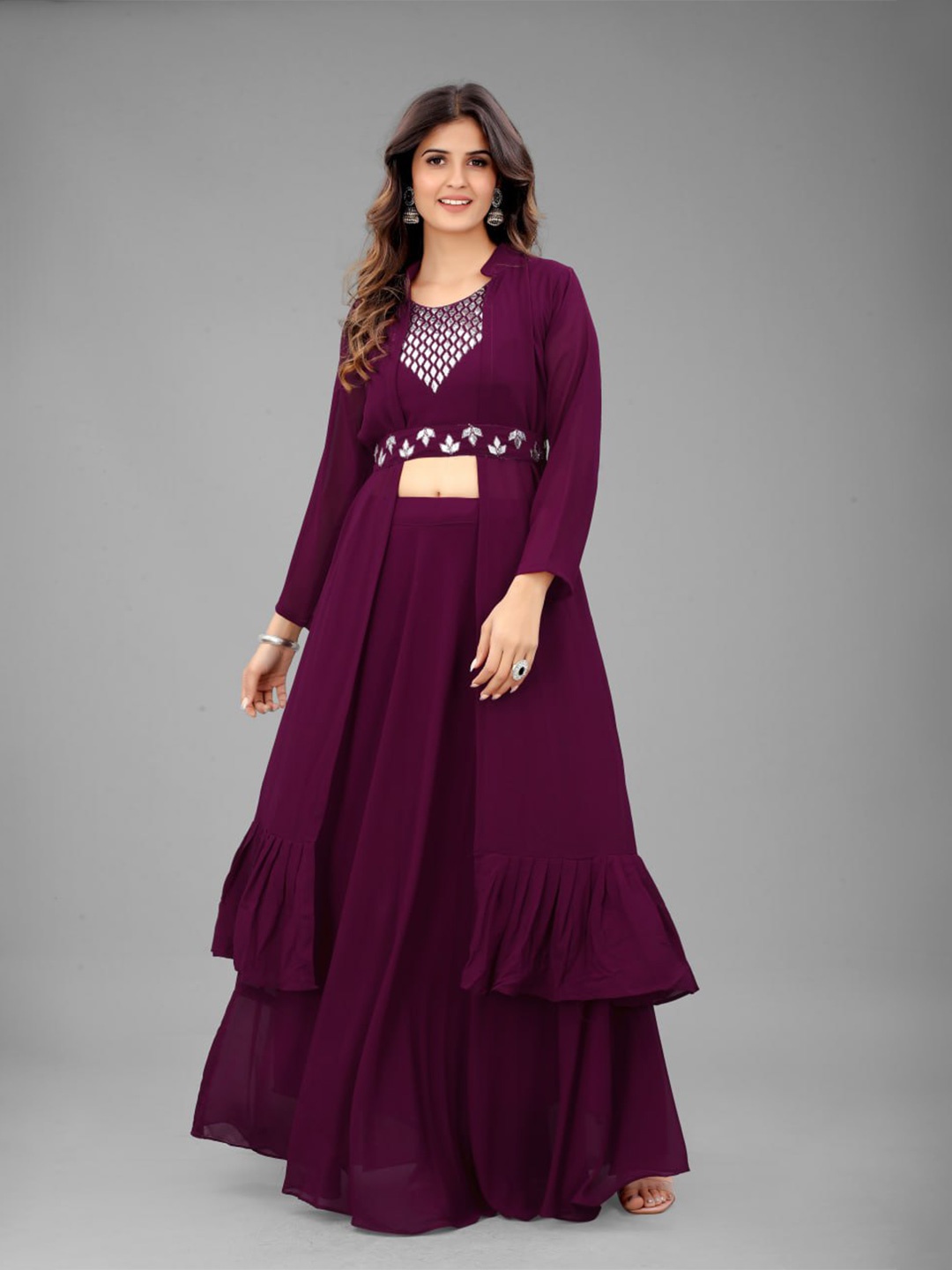 

Ashiya Fab Embellished Georgette Top With Skirt & Shrug With Belt, Purple
