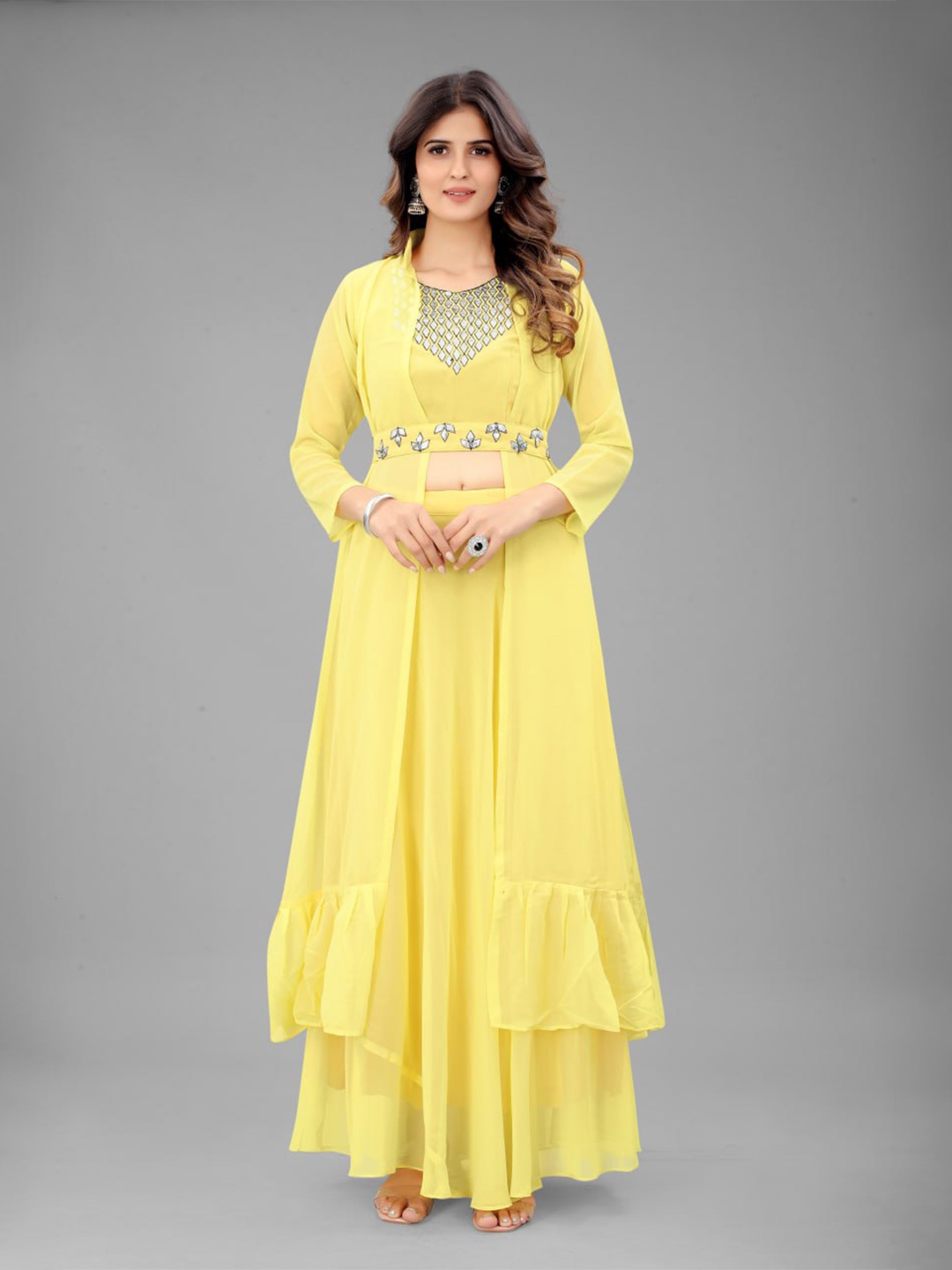 

Ashiya Fab Embellished Georgette Top With Skirt & Shrug With Belt, Yellow