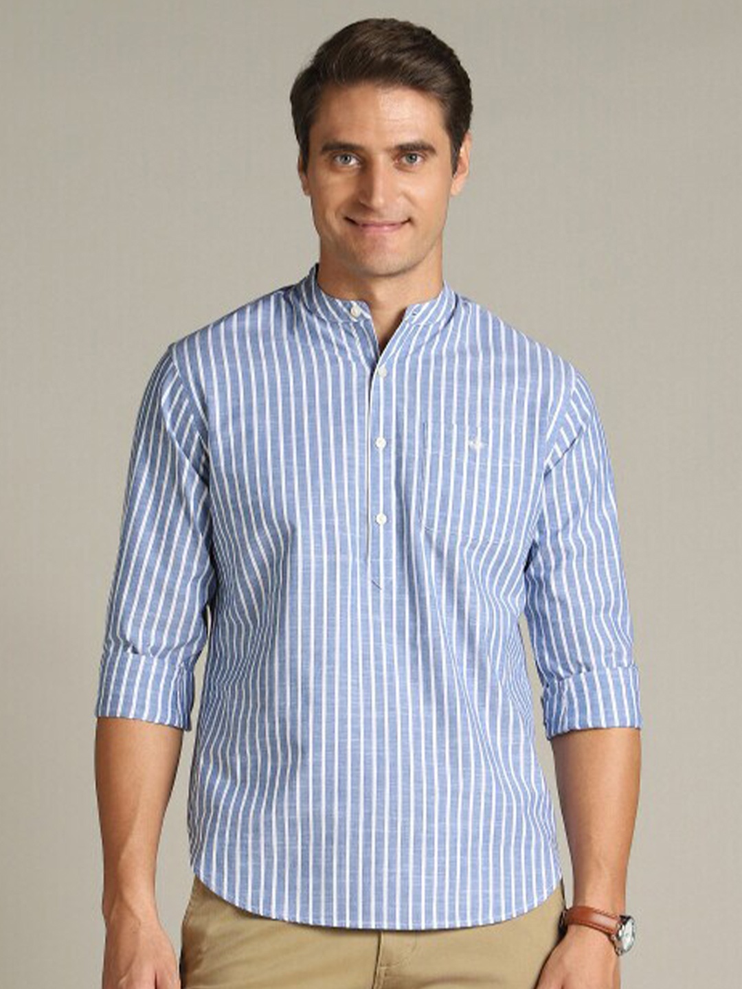 

Dockers Vertical Stripes Band Collar Relaxed Oversized Fit Cotton Casual Shirt, Blue