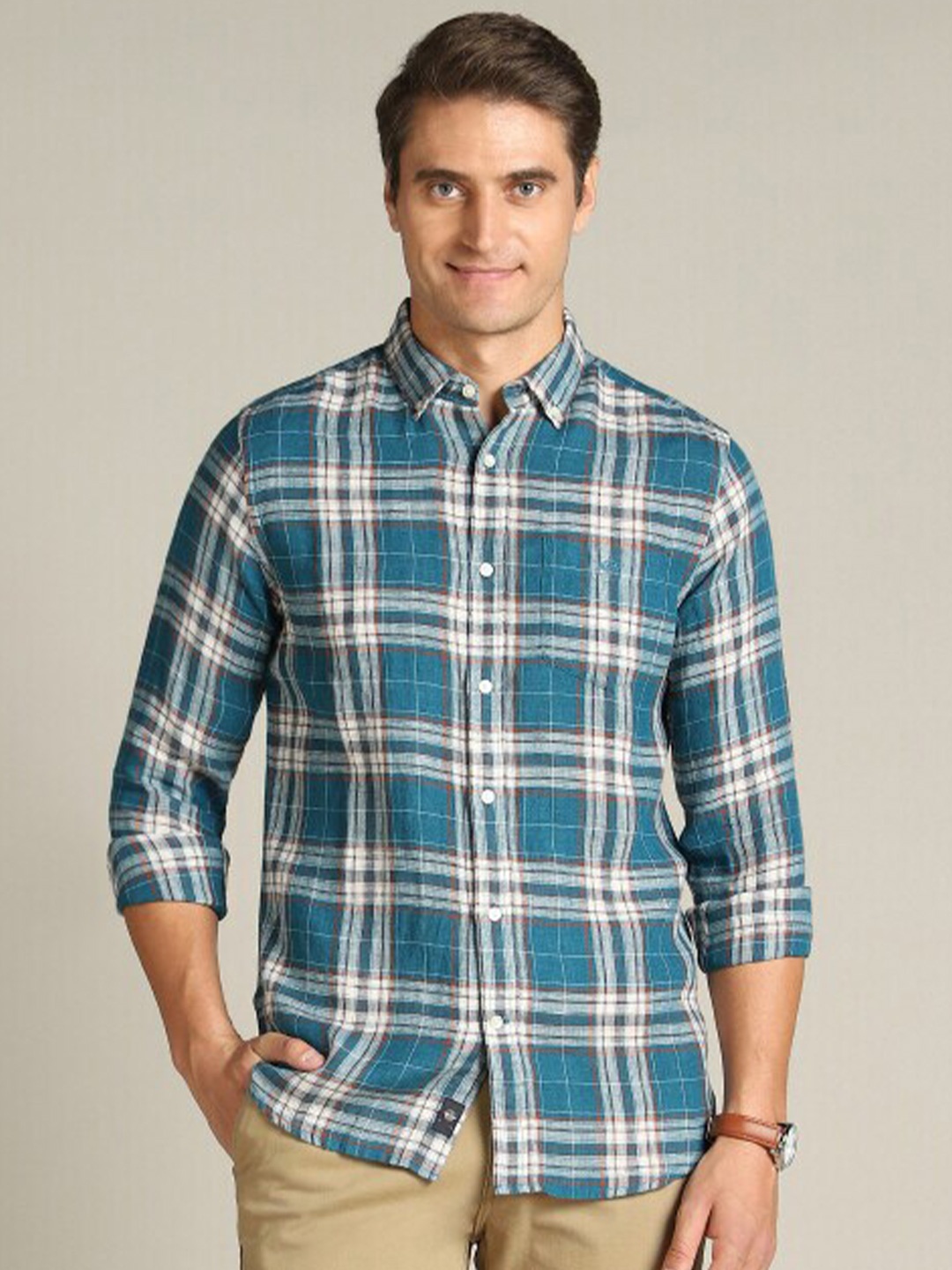 

Dockers Tartan Checks Button Down Collar Linen Classic Fit Casual Shirt, Green