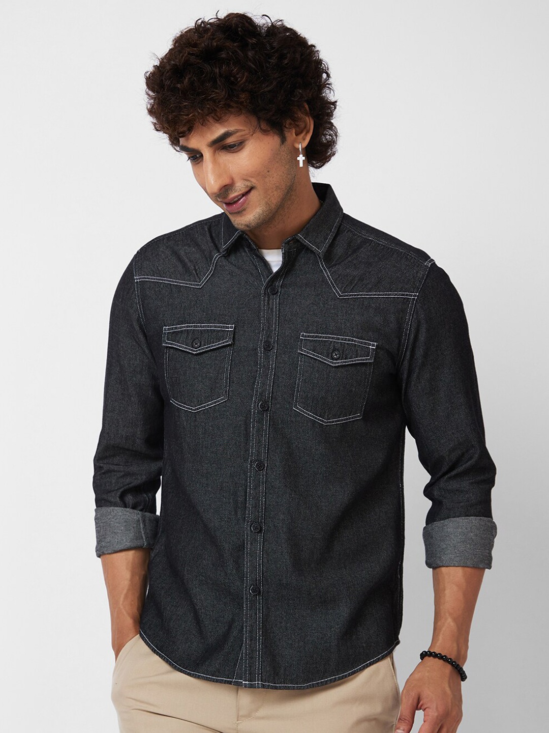 

VASTRADO Classic Slim Fit Flannel Weave Cotton Denim Shirt, Charcoal