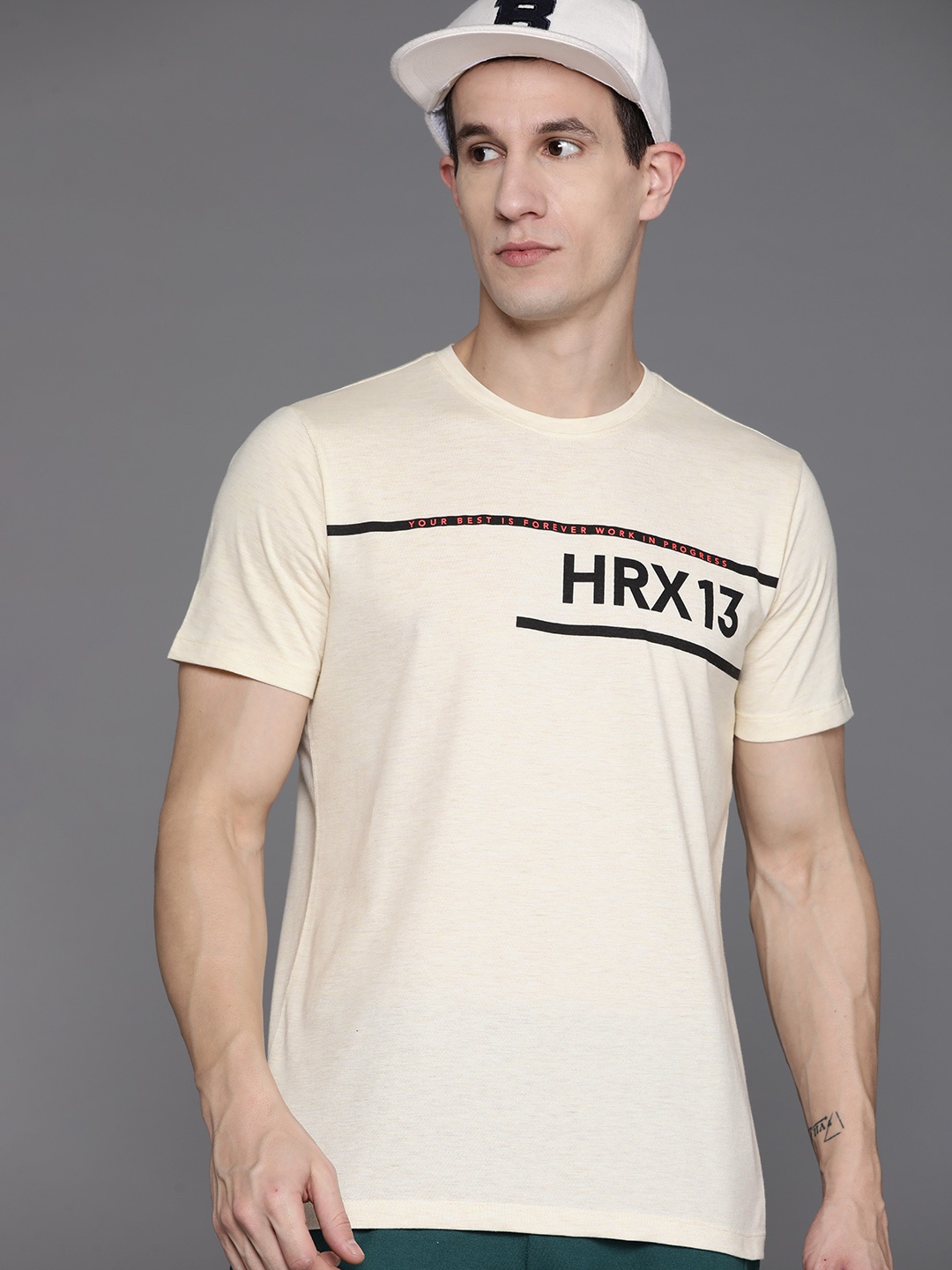 

HRX by Hrithik Roshan Men Brand Logo Printed Running T-shirt, Beige