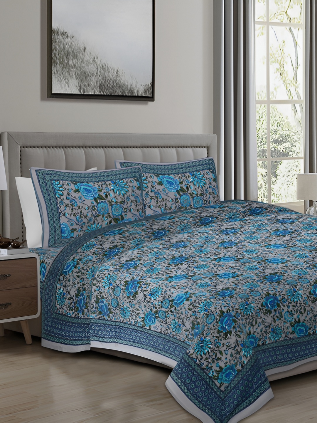 

Texstylers Blue & Grey Printed Cotton 250 TC King Bedsheet with 2 Pillow Covers