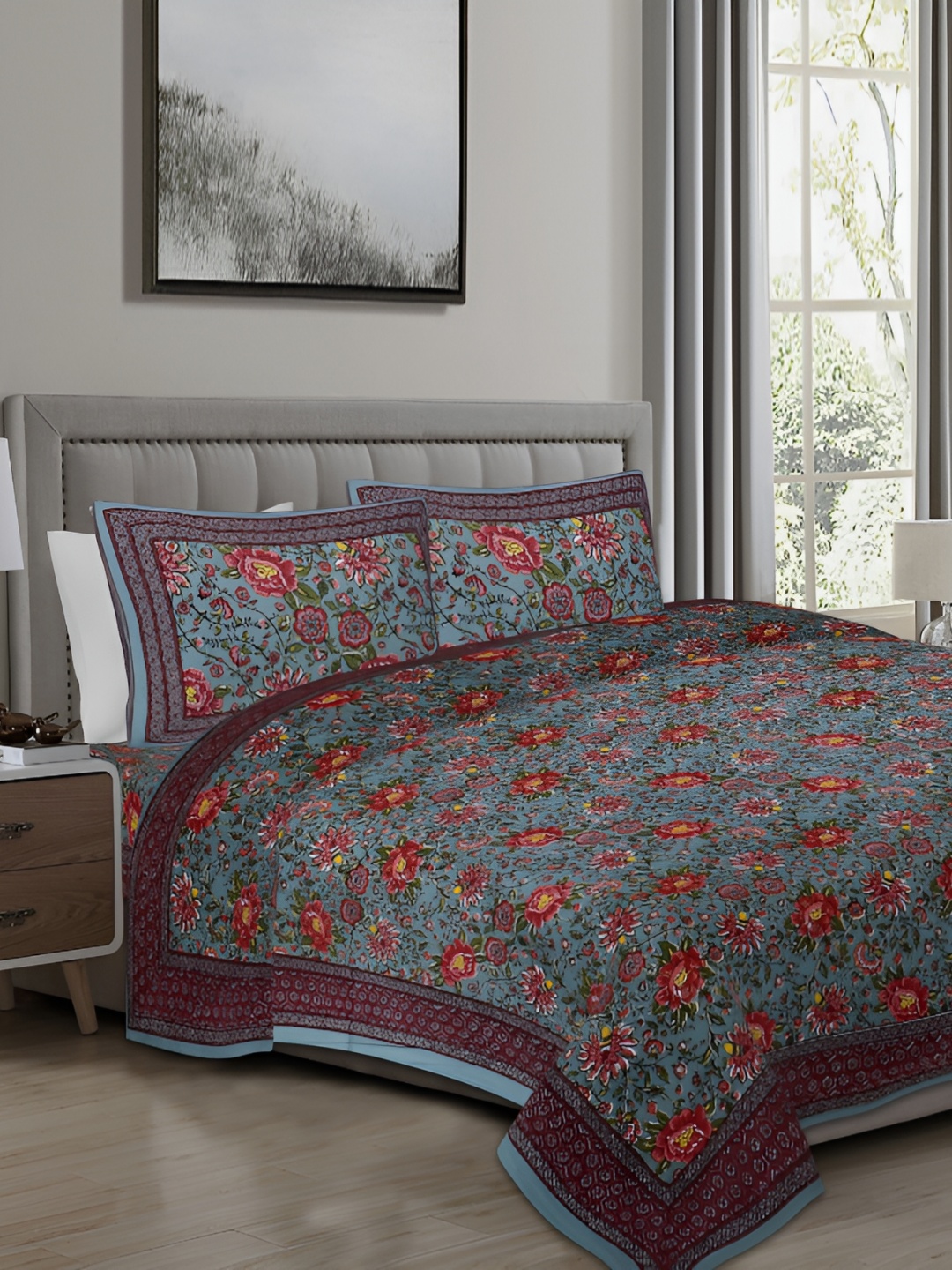 

Texstylers Red & Grey Printed Cotton 250 TC King Bedsheet with 2 Pillow Covers