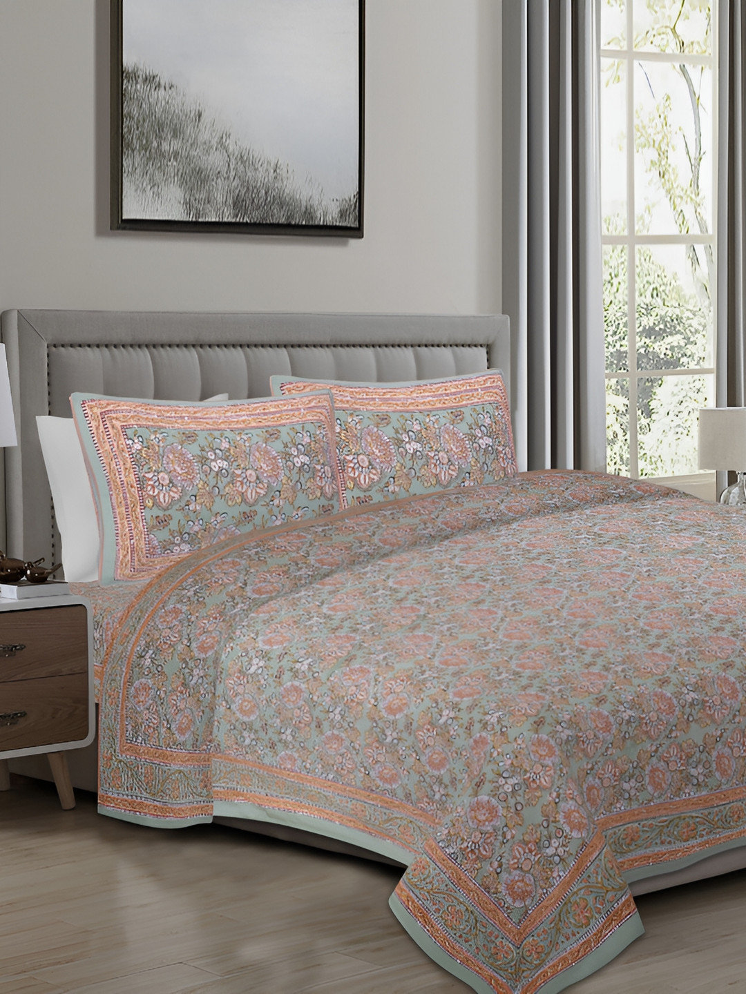 

Texstylers Green & White Floral 250 TC King Bedsheet with 2 Pillow Covers