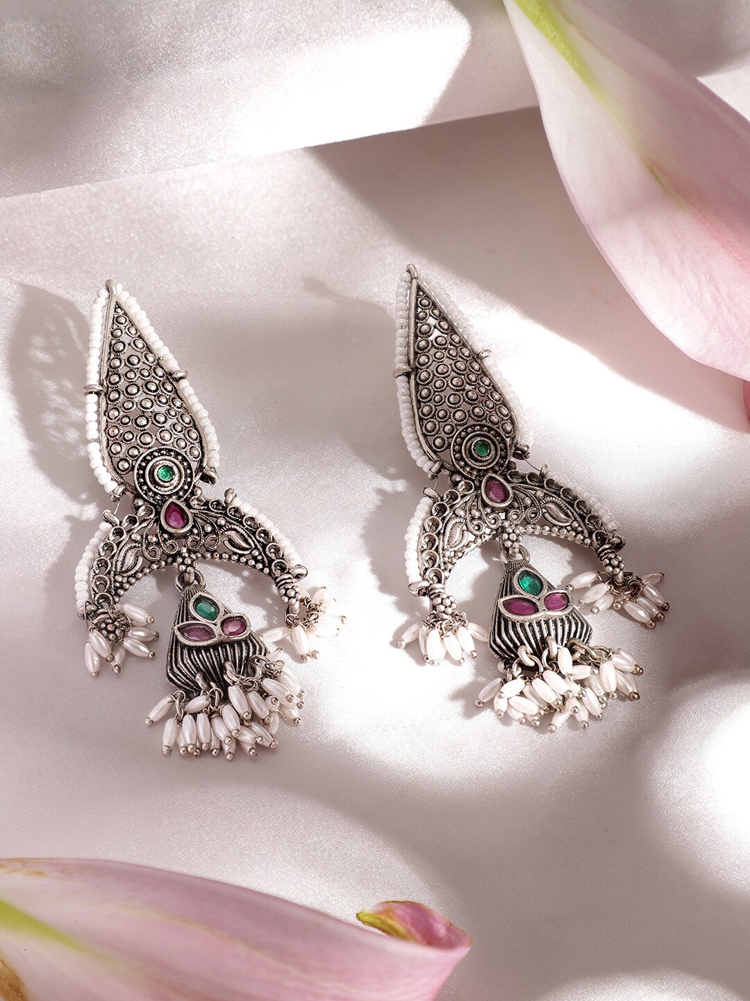 

Rubans Oxidized Kundan Jhumkas, Silver