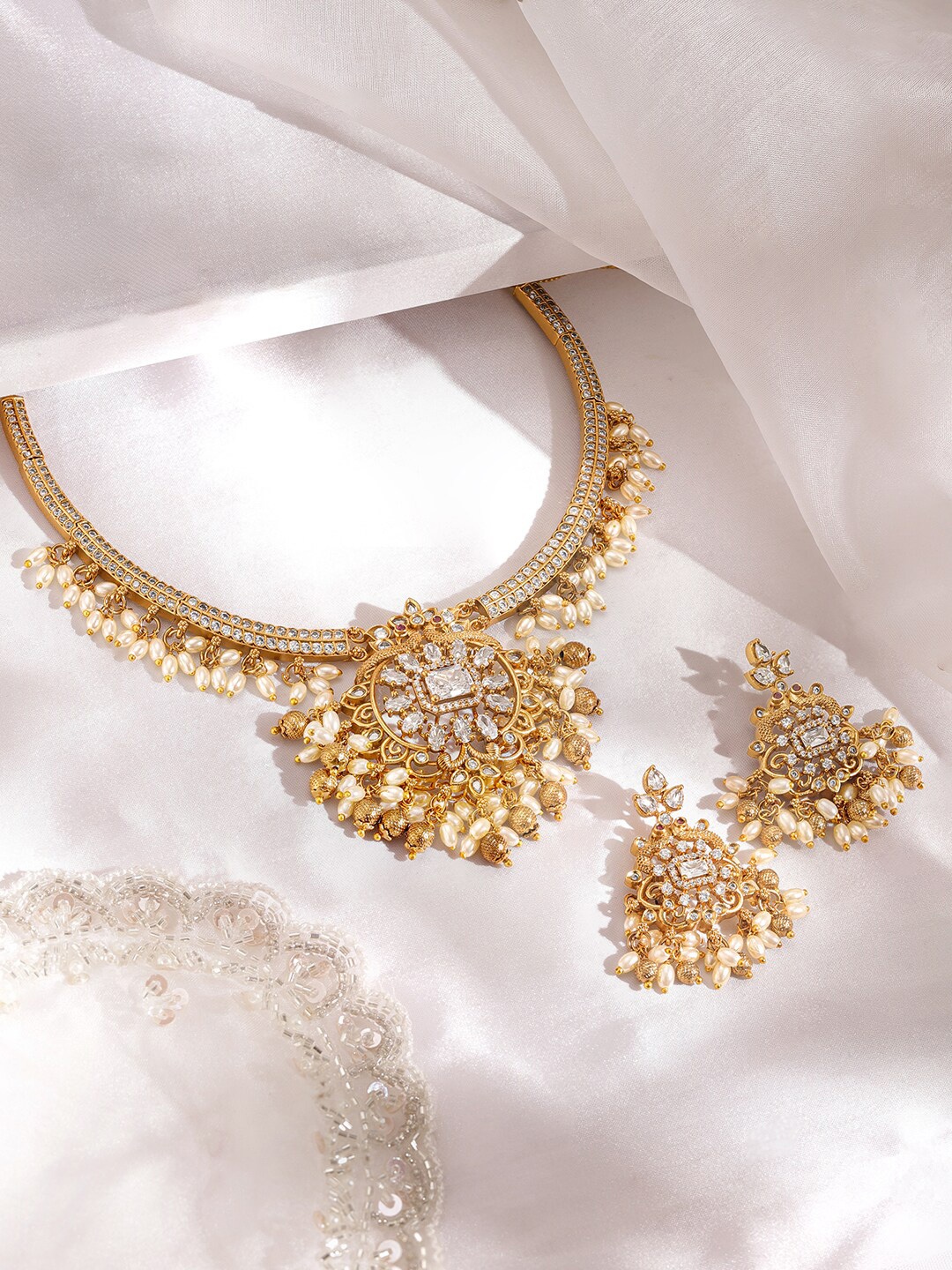 

Rubans Gold Plated Cubic Zirconia Studded & Beaded Necklace And Earrings