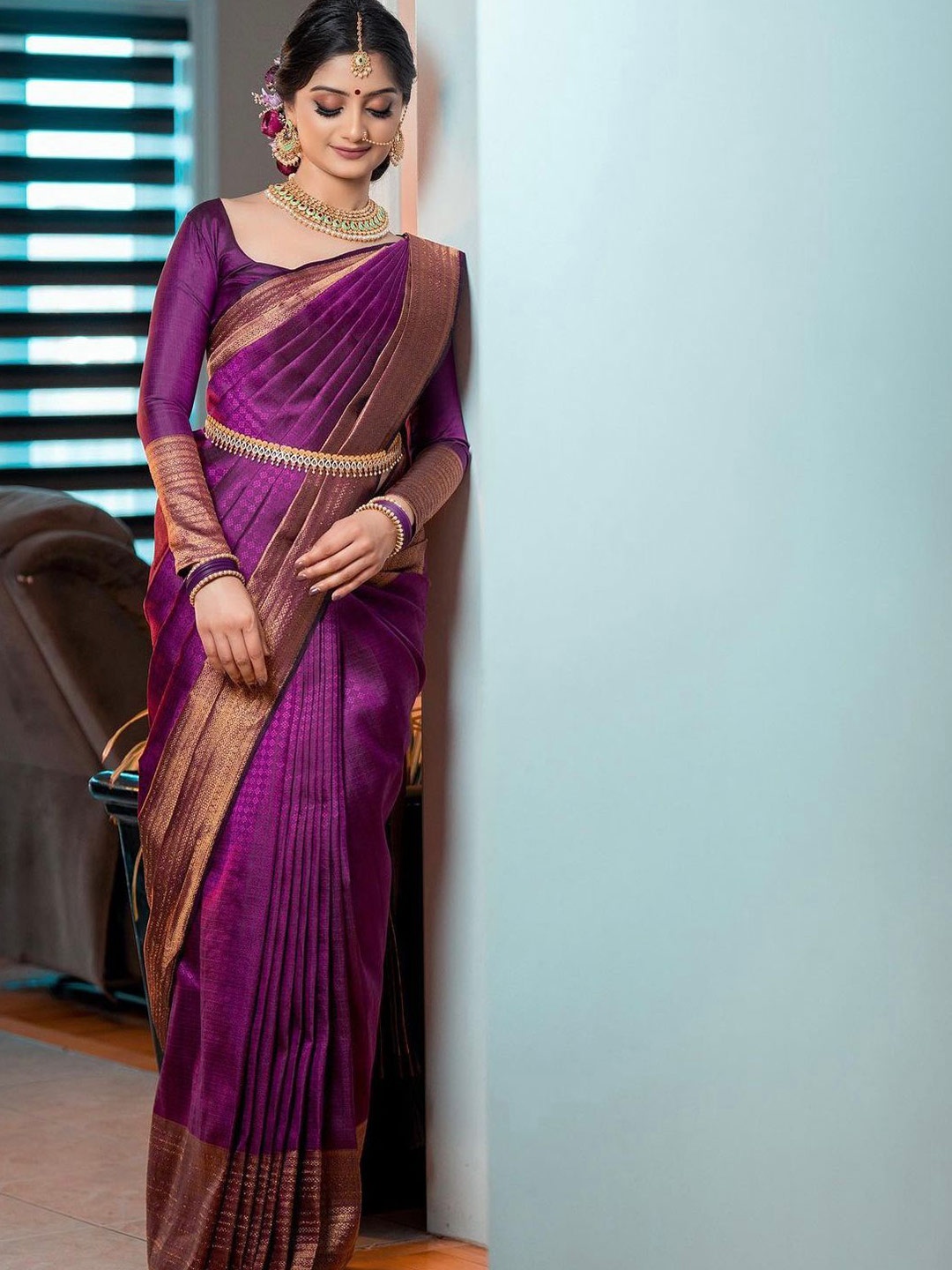 

Naishu Trendz Woven Design Zari Pure Silk Kanjeevaram Saree, Purple
