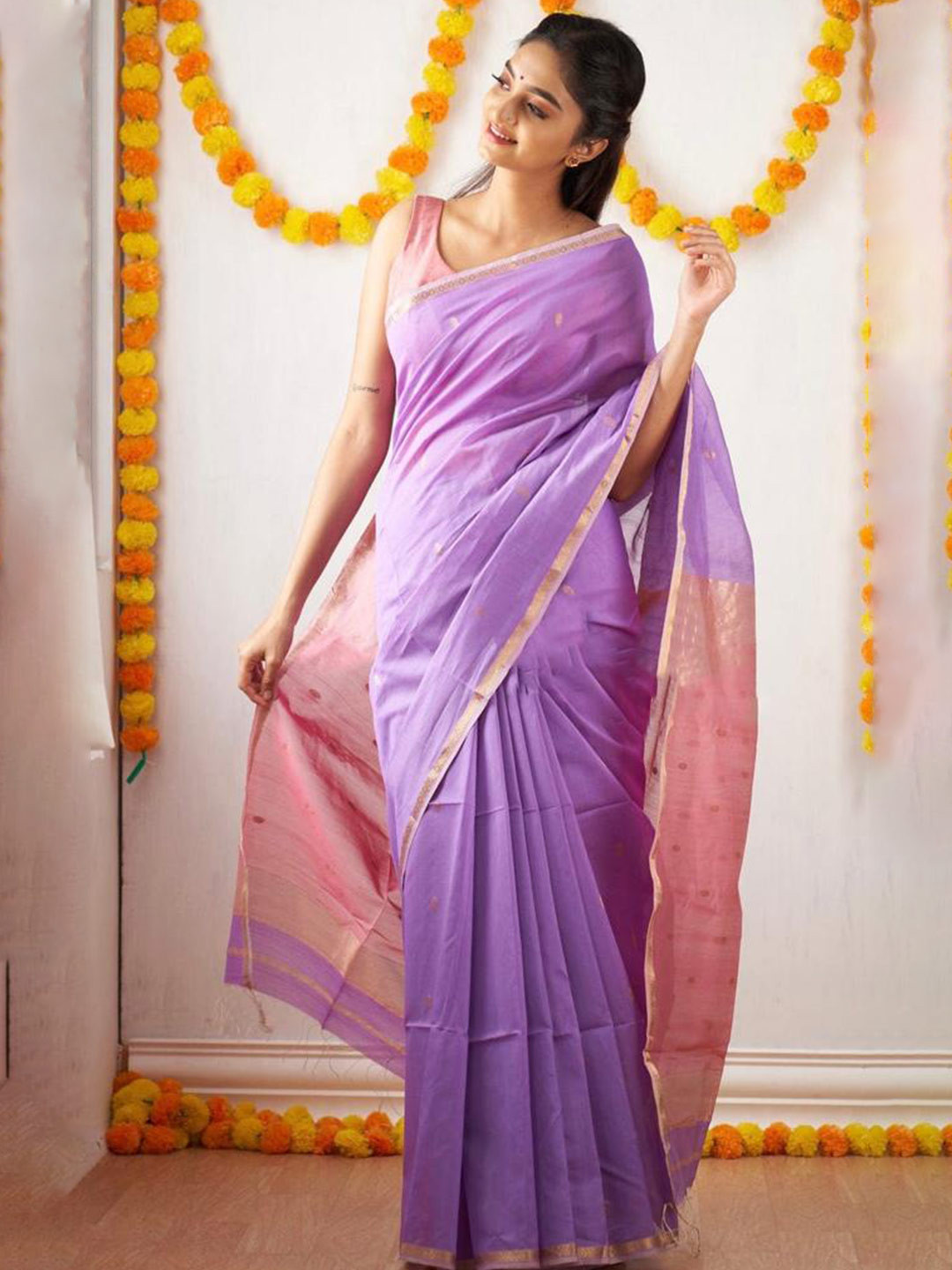 

Naishu Trendz Ethnic Motifs Woven Design Zari Pure Silk Kanjeevaram Saree, Lavender