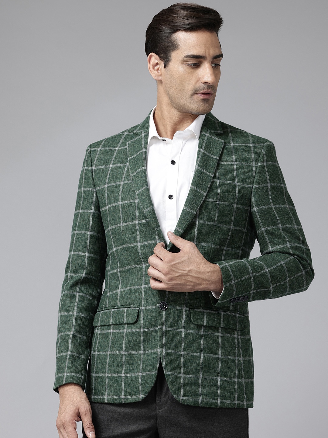 

Park Avenue Checked Single-Breasted Slim Fit Formal Blazer, Green