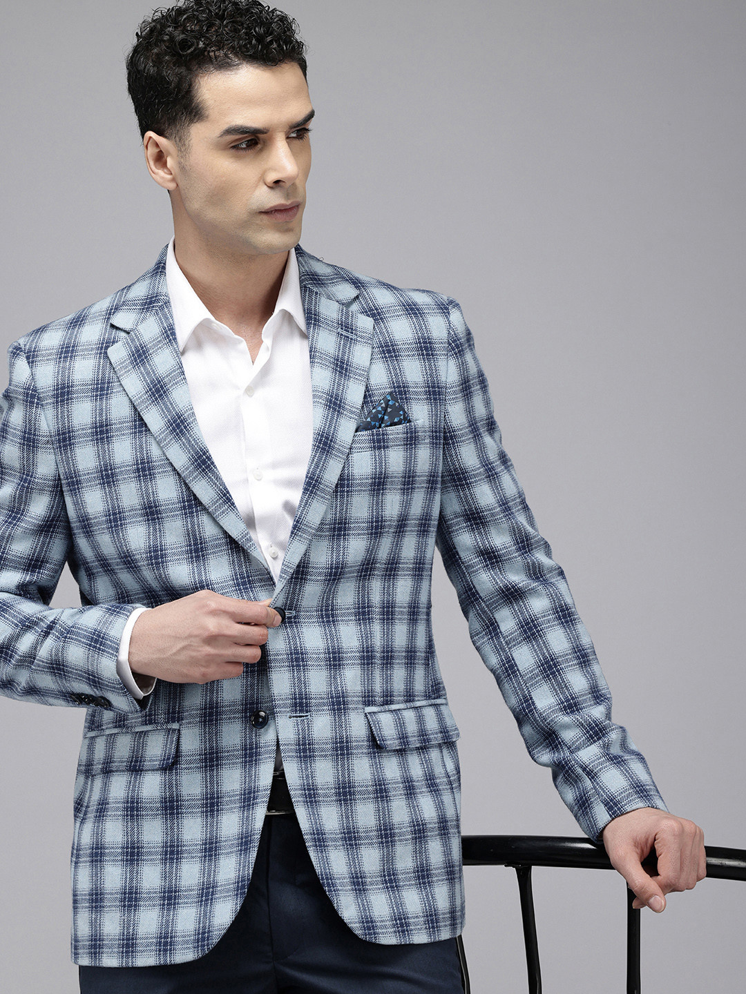 

Park Avenue Checked Single-Breasted Formal Blazer, Blue