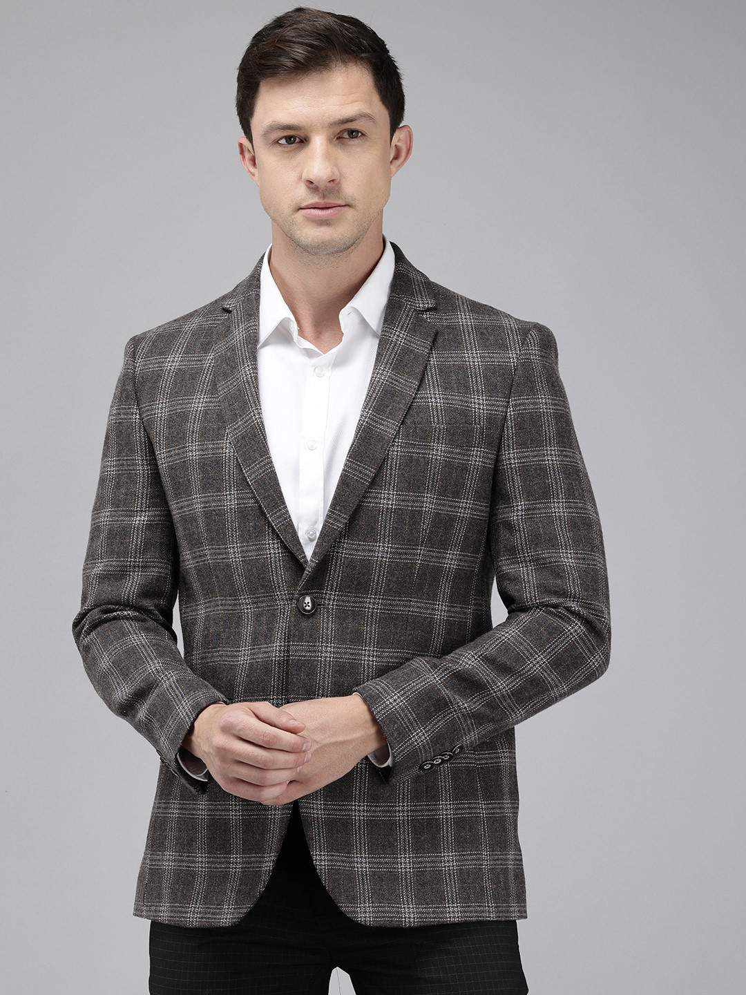 

Park Avenue Notched Lapel Single Breasted Checked Slim Fit Formal Blazer, Grey