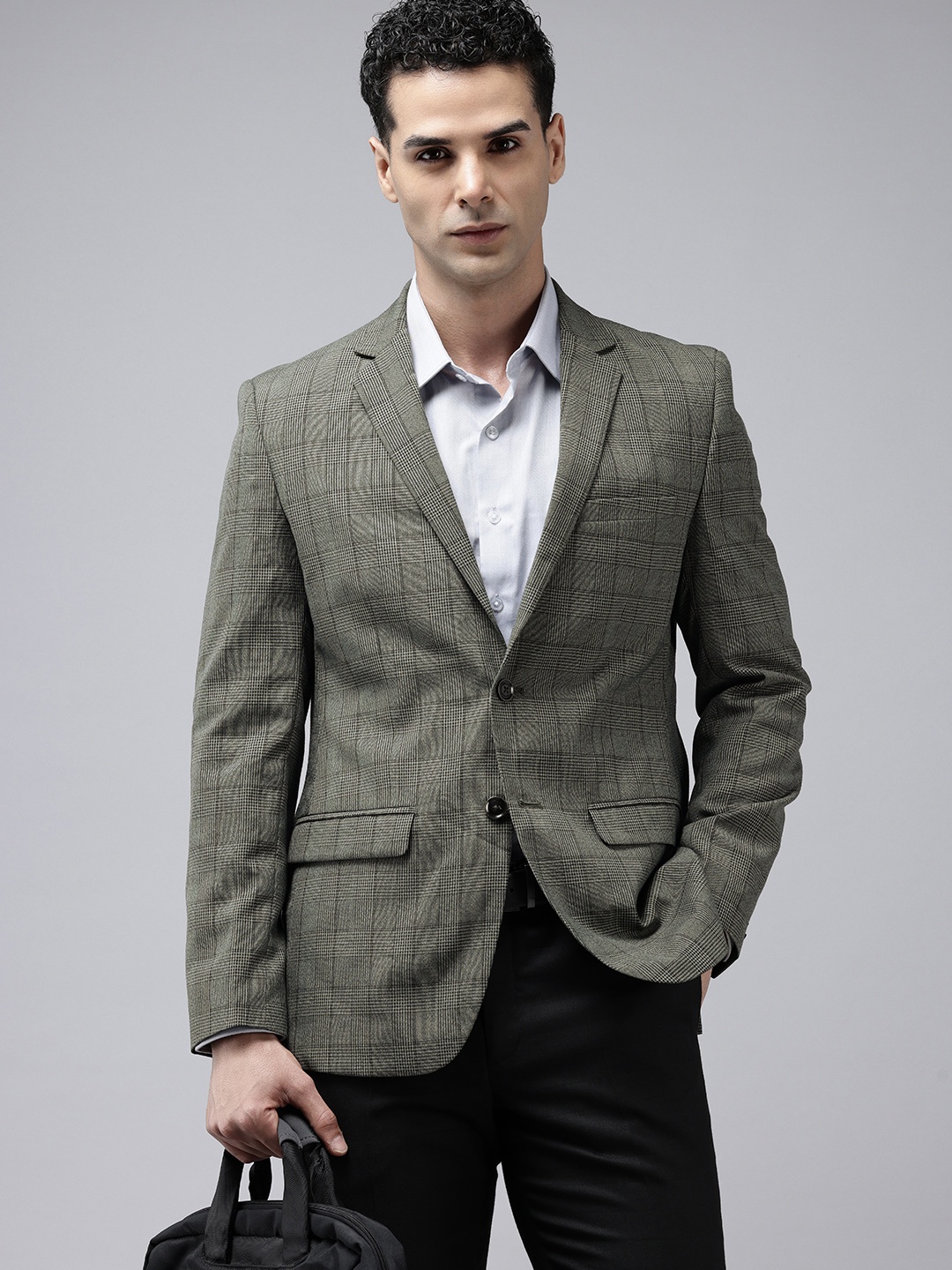 

Park Avenue Slim Fit Checked Single-Breasted Formal Blazer, Green