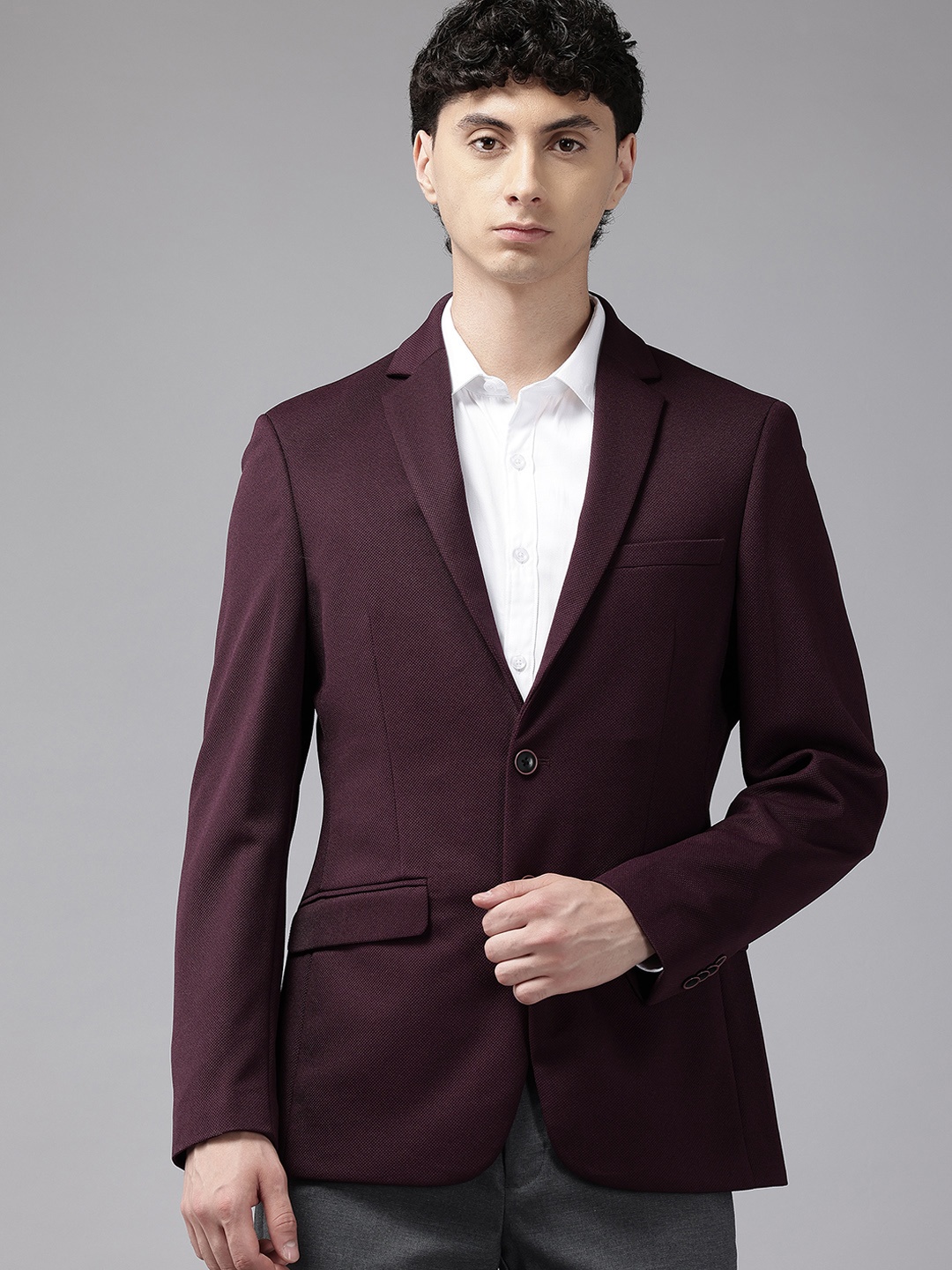 

Park Avenue Notched Lapel Collar Single Breasted Formal Blazer, Burgundy