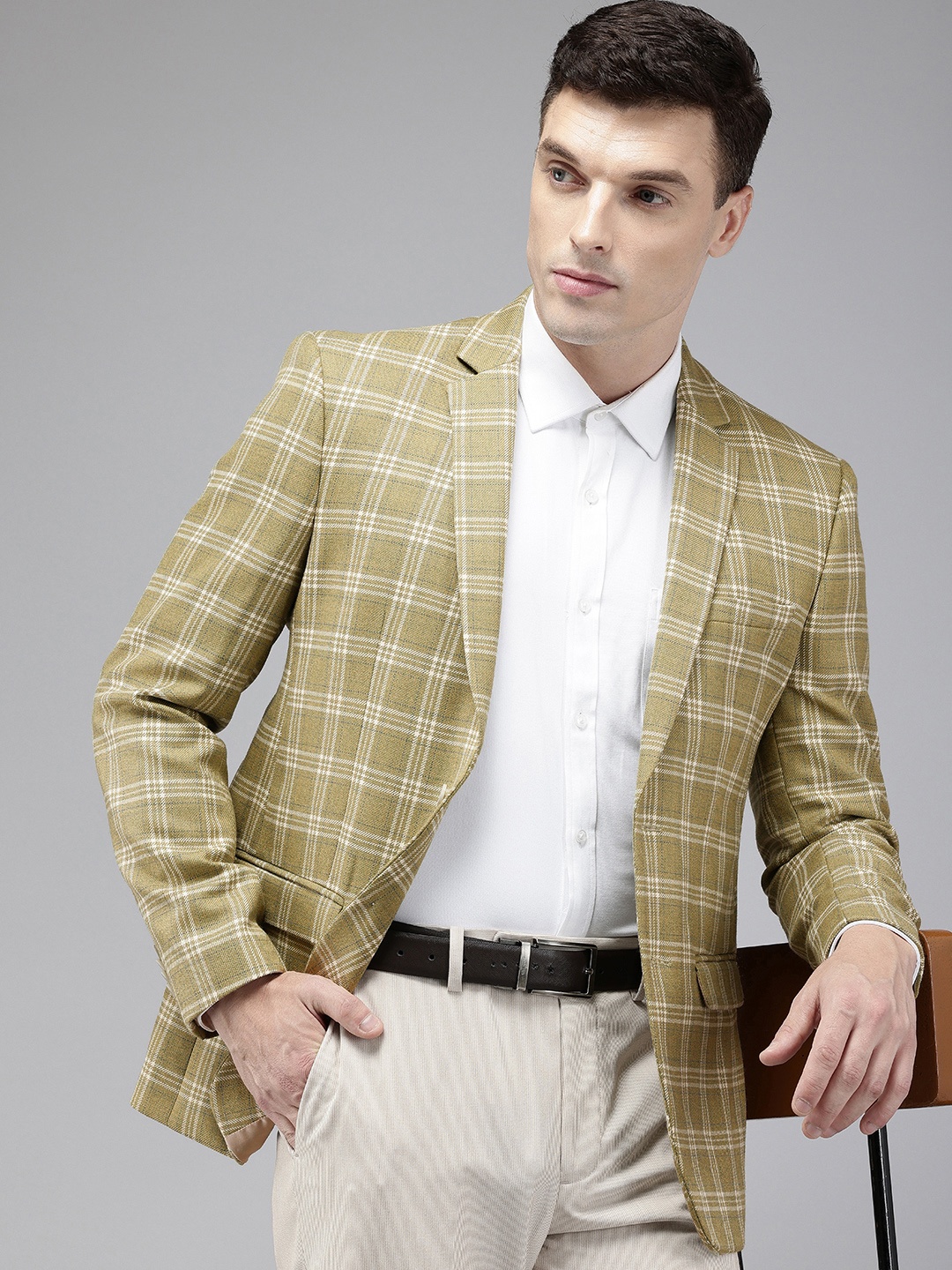 

Park Avenue Notched Lapel Single Breasted Checked Slim Fit Formal Blazer, Green
