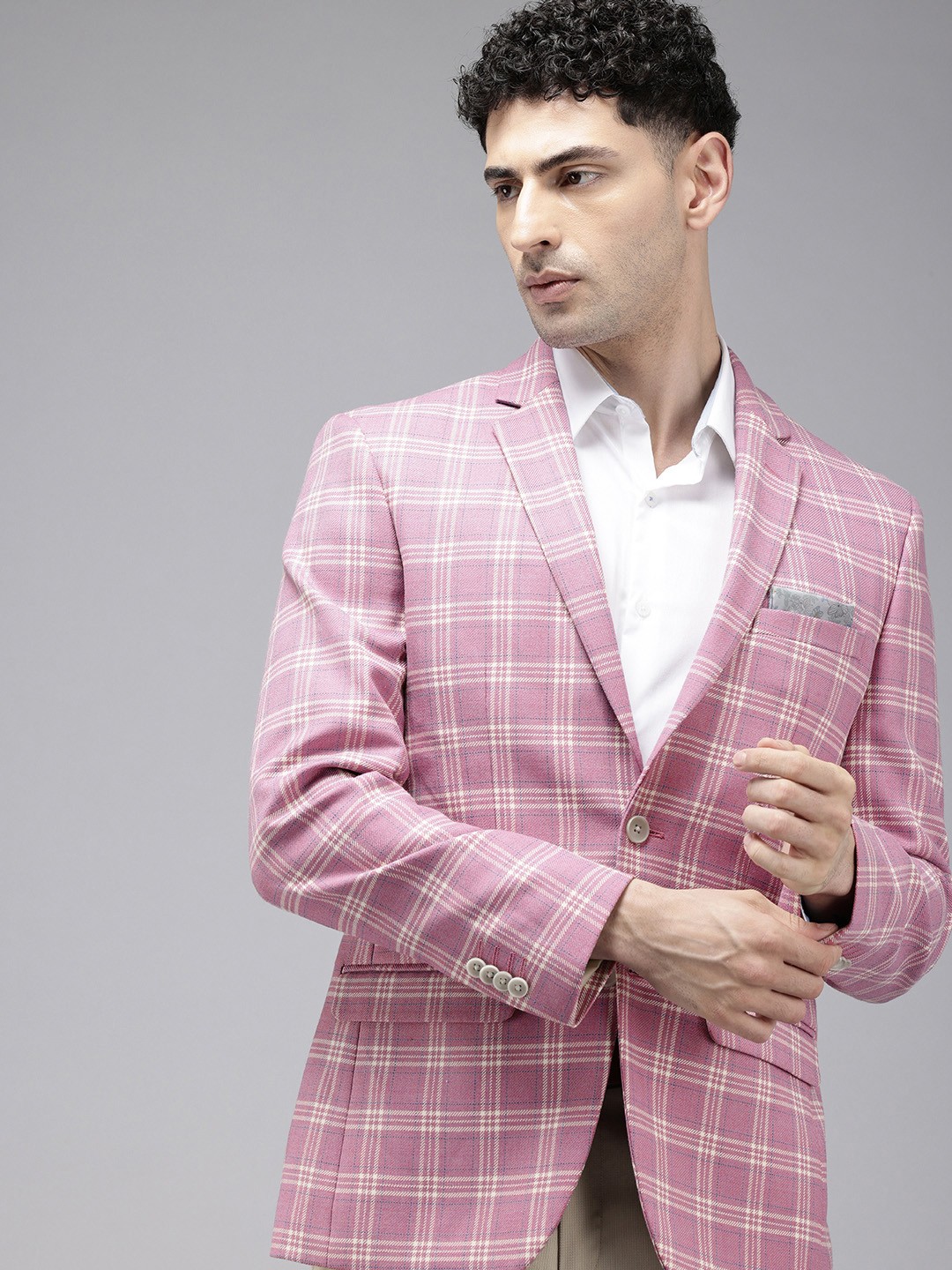 

Park Avenue Checked Single-Breasted Slim Fit Formal Blazer, Pink