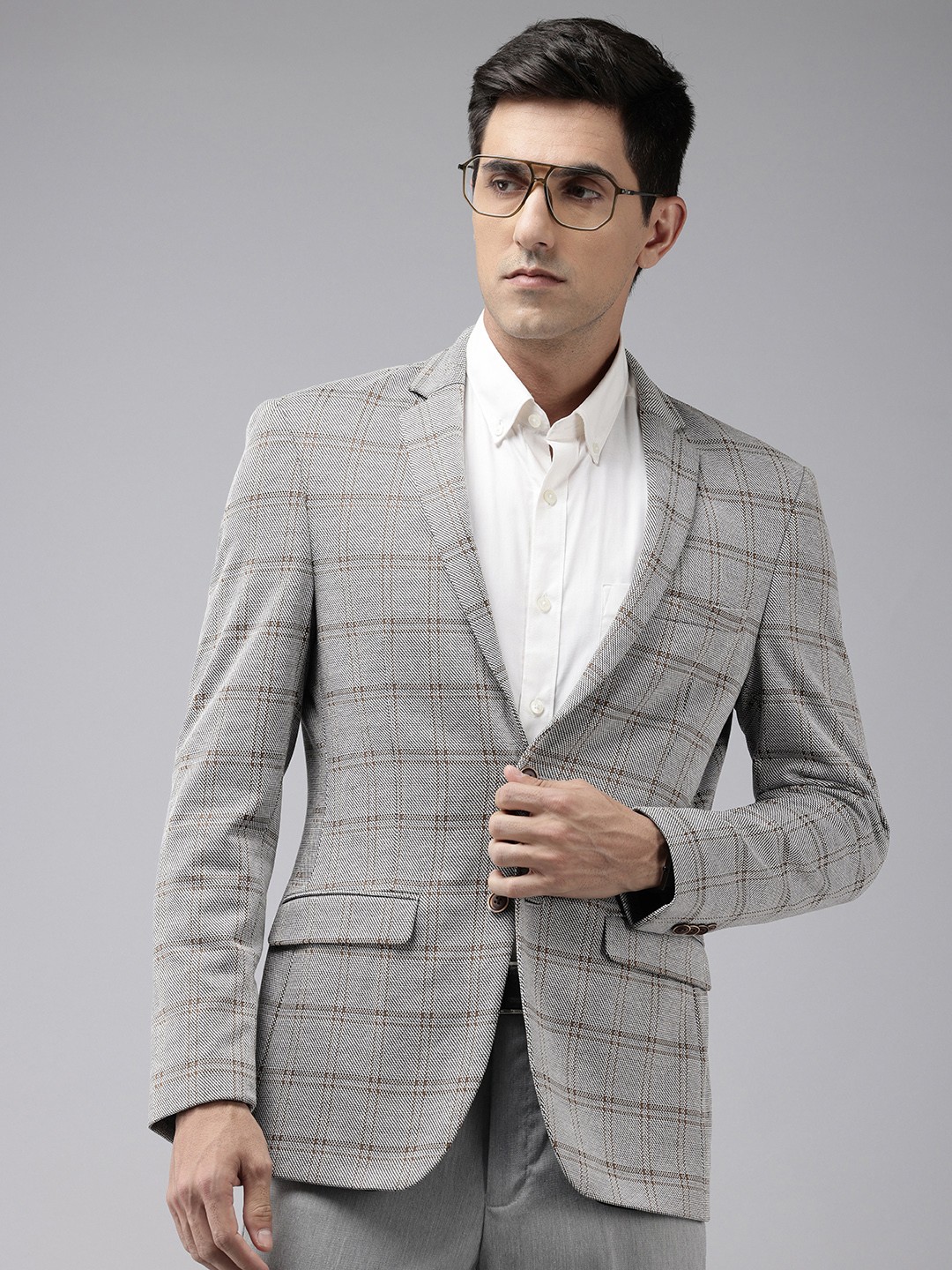 

Park Avenue Notched Lapel Single Breasted Checked Super Slim Fit Formal Blazer, Grey