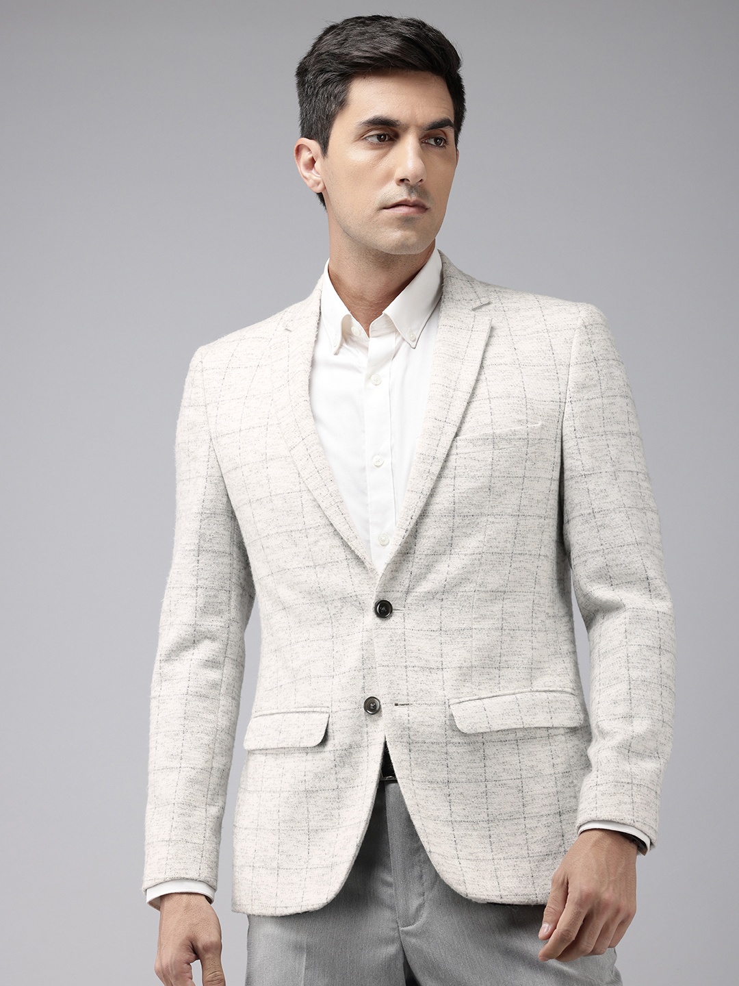 

Park Avenue Notched Lapel Single Breasted Checked Slim Fit Formal Blazer, Off white