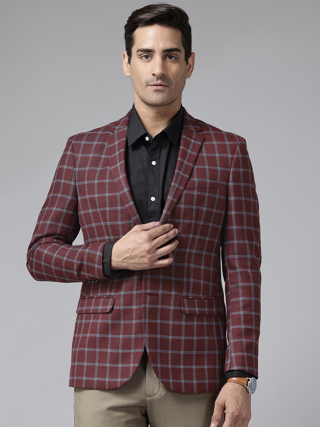 

Park Avenue Single-Breasted Checked Semiformal Blazer, Burgundy