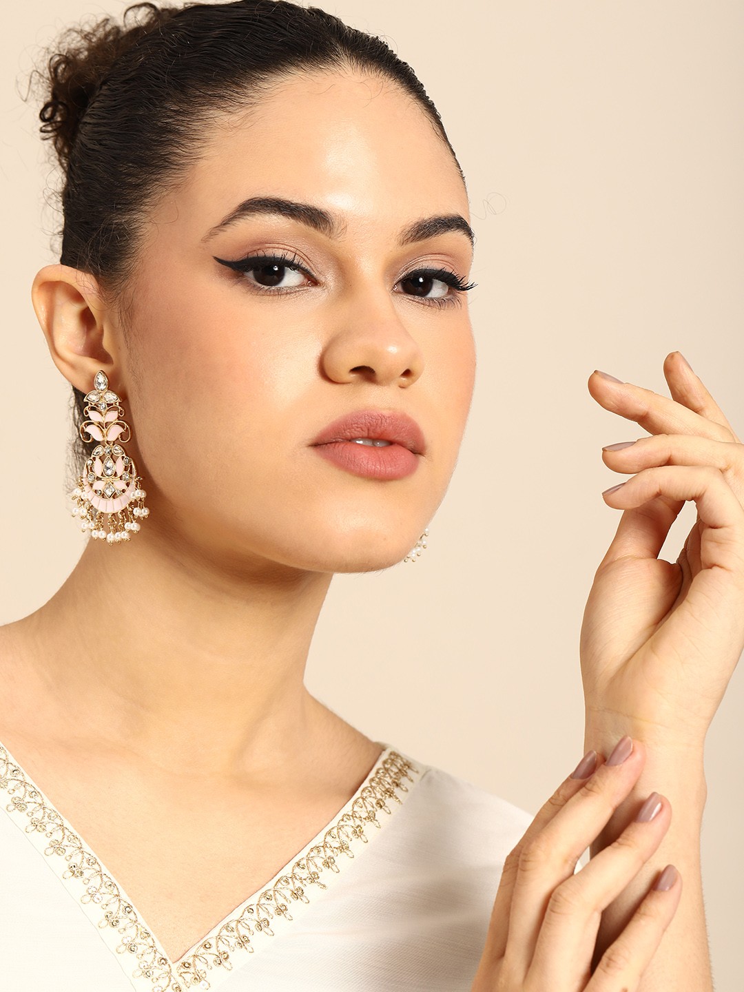 

House of Pataudi Gold-Plated Stones-Studded & Beaded Teardrop Shaped Chandbalis Earrings