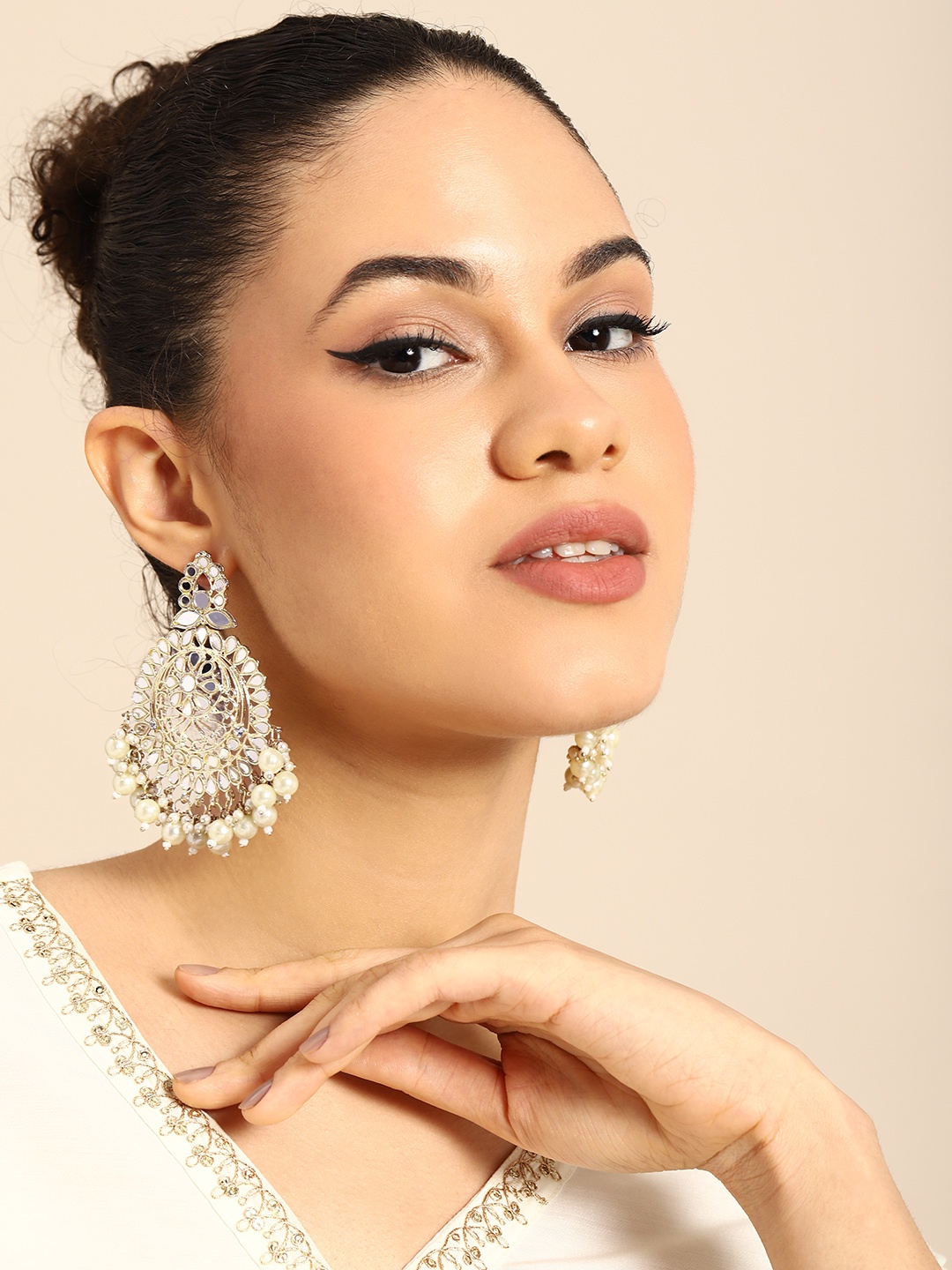 

House of Pataudi Gold-Plated Stones-Studded & Beaded Teardrop Shaped Drop Earrings