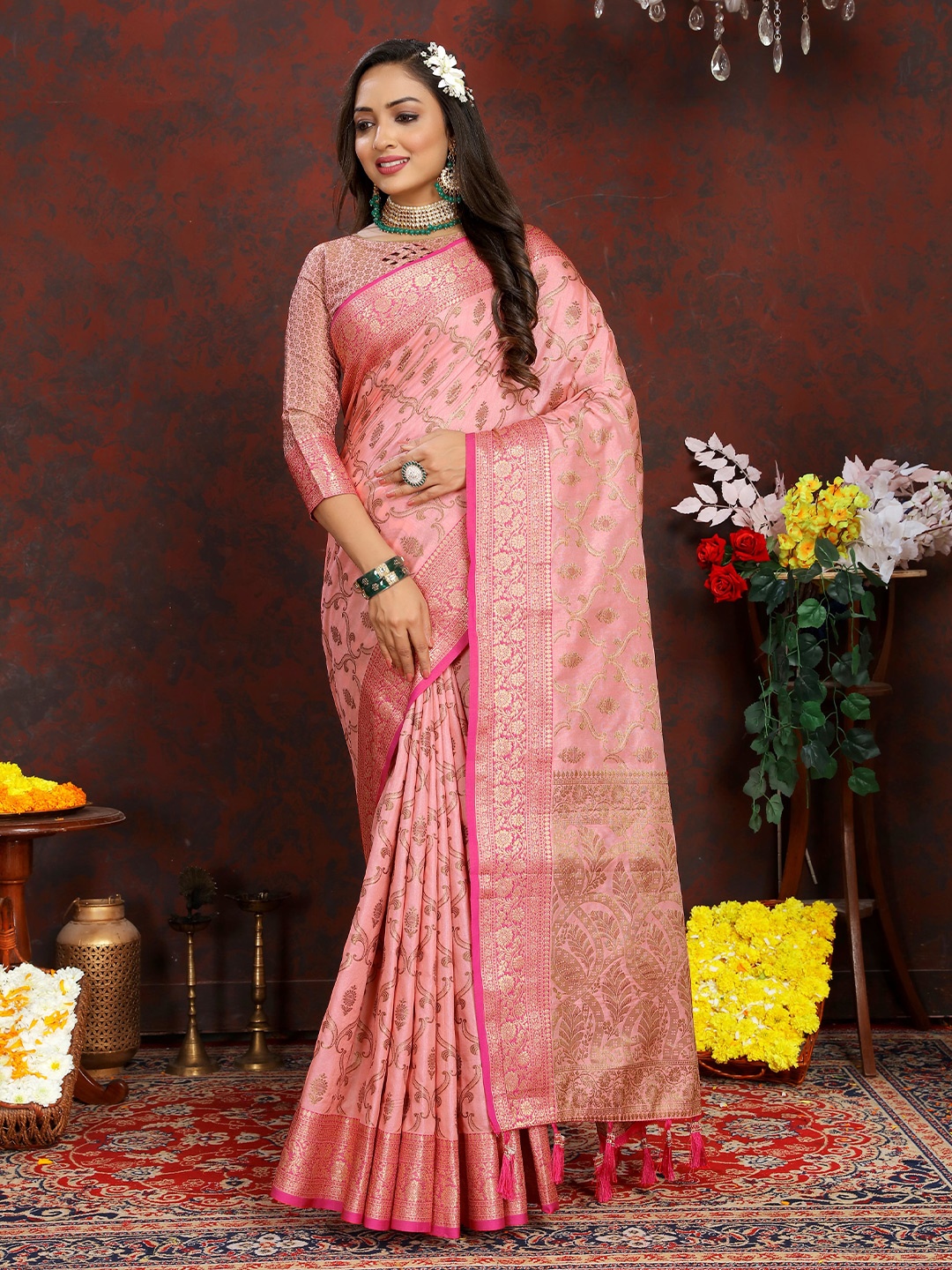 

bansari textiles Ethnic Woven Design Zari Banarasi Saree, Pink