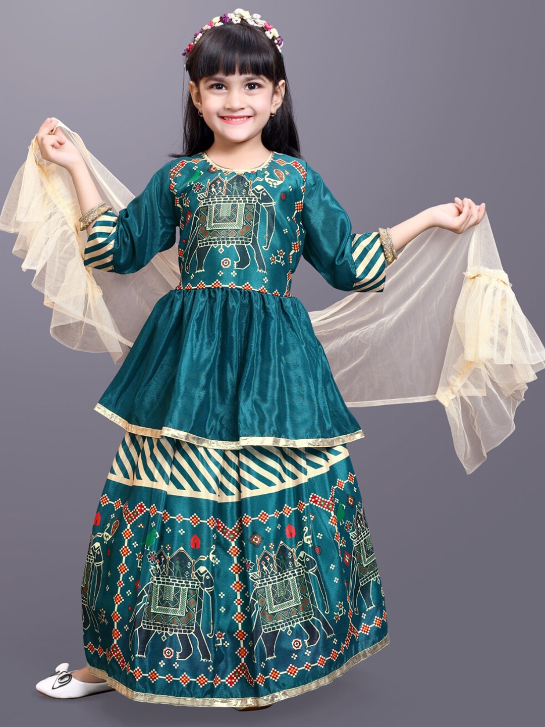 

BAESD Girls Printed Ready to Wear Lehenga & Blouse With Dupatta, Green