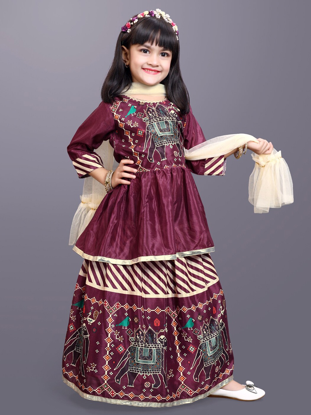 

BAESD Girls Printed Ready to Wear Lehenga & Blouse With Dupatta, Maroon