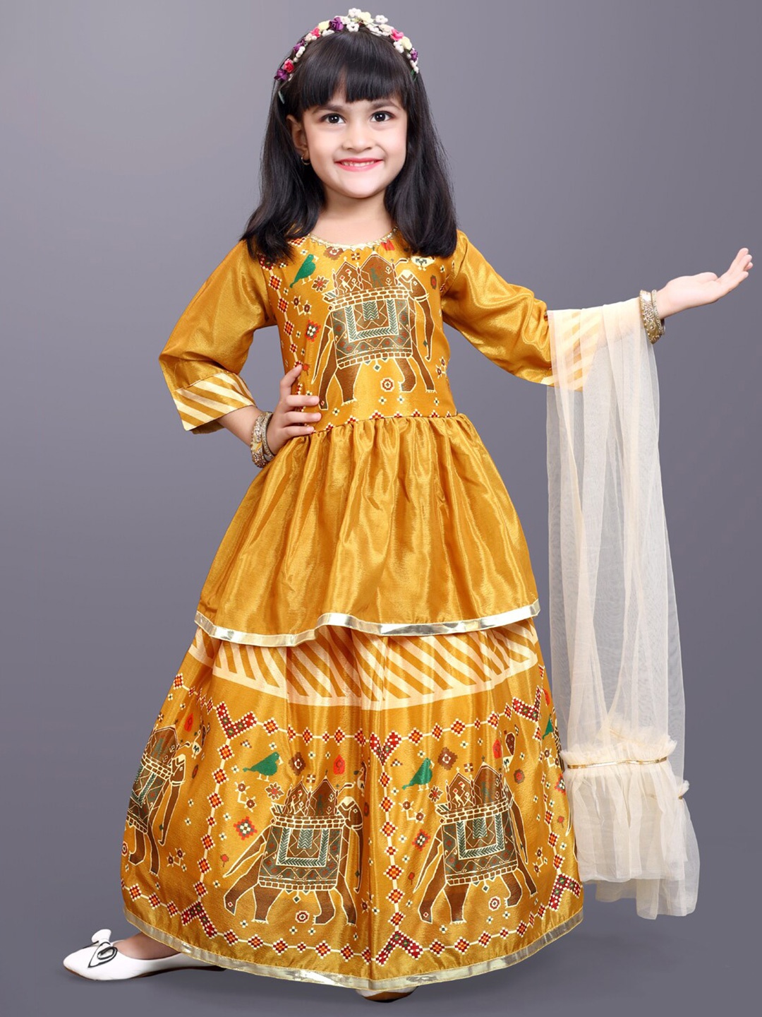 

BAESD Girls Printed Ready to Wear Lehenga & Blouse With Dupatta, Yellow