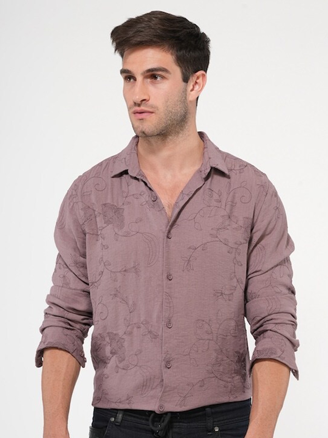 

POE Smart Slim Fit Floral Embroidered Spread Collar Long Sleeves Cotton Casual Shirt, Pink