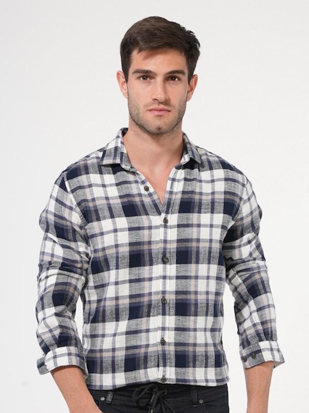 

POE Smart Slim Fit Tartan Checked Pure Cotton Casual Shirt, Navy blue