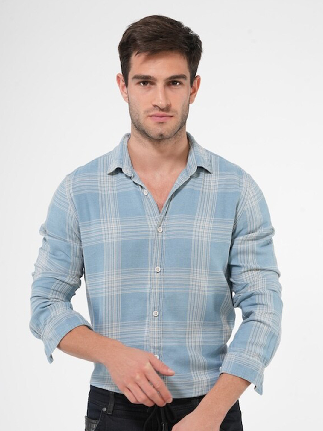 

POE Smart Slim Fit Tartan Checked Pure Cotton Casual Shirt, Blue