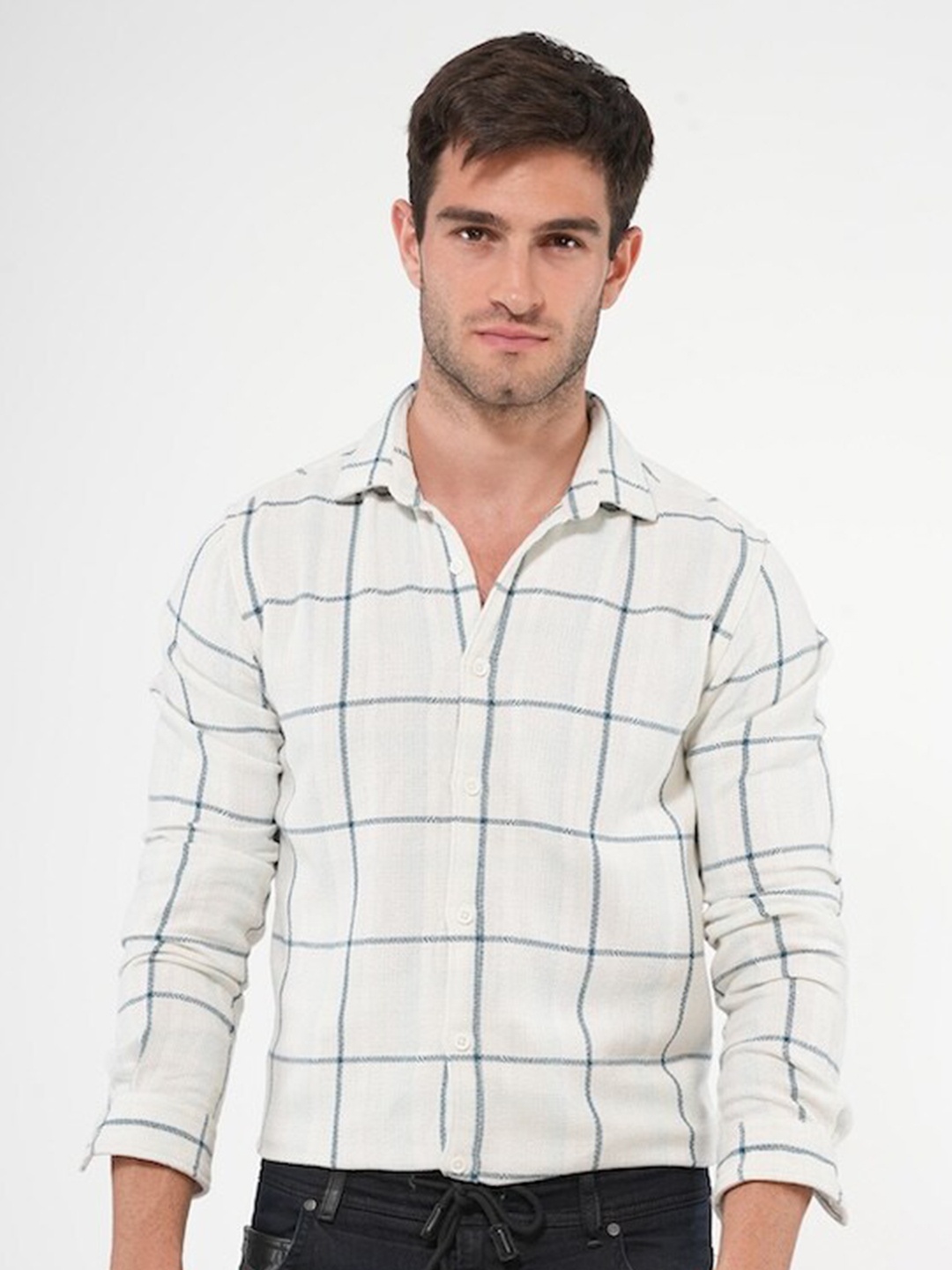 

POE Smart Slim Fit Windowpane Checked Pure Cotton Casual Shirt, Blue