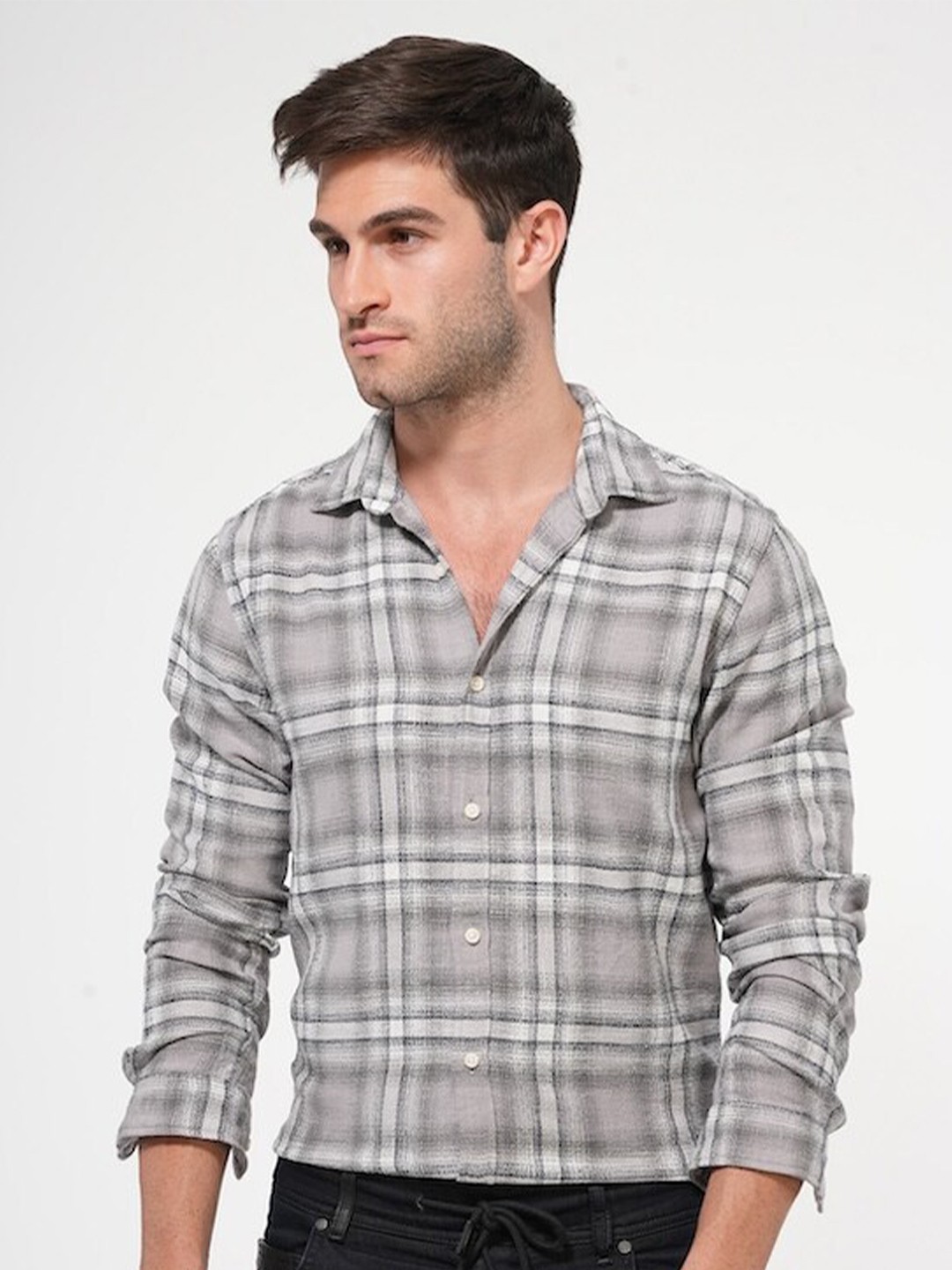 

POE Smart Slim Fit Tartan Checked Spread Collar Pure Cotton Casual Shirt, Grey