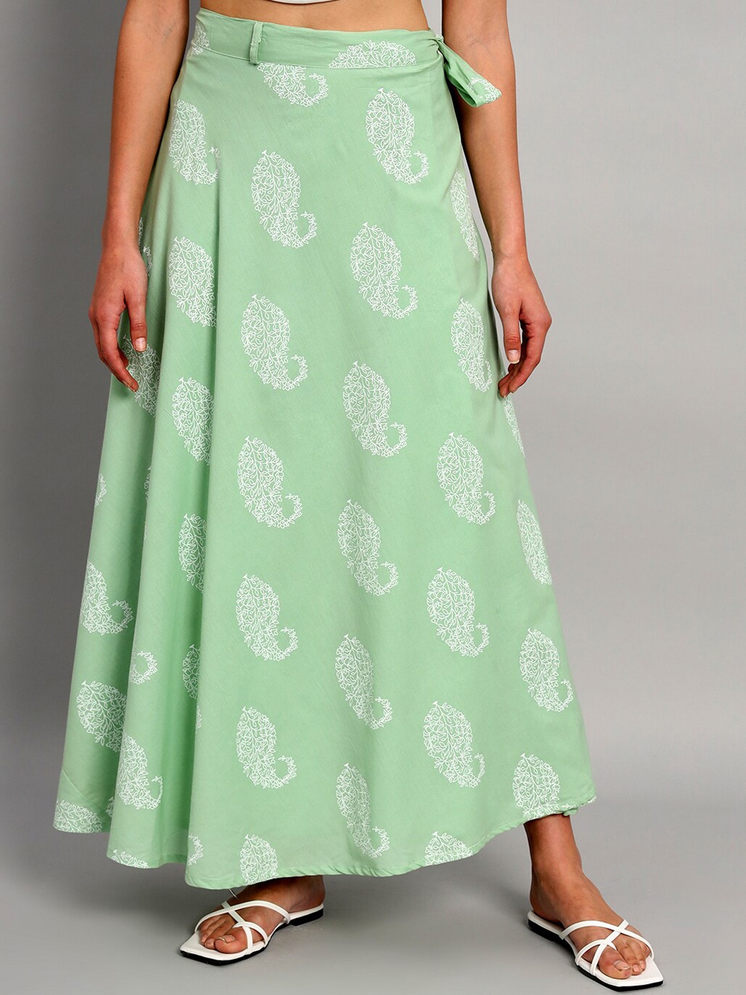 

HANDICRAFT PALACE Printed Pure Cotton Wrap-Around Maxi Skirt, Green