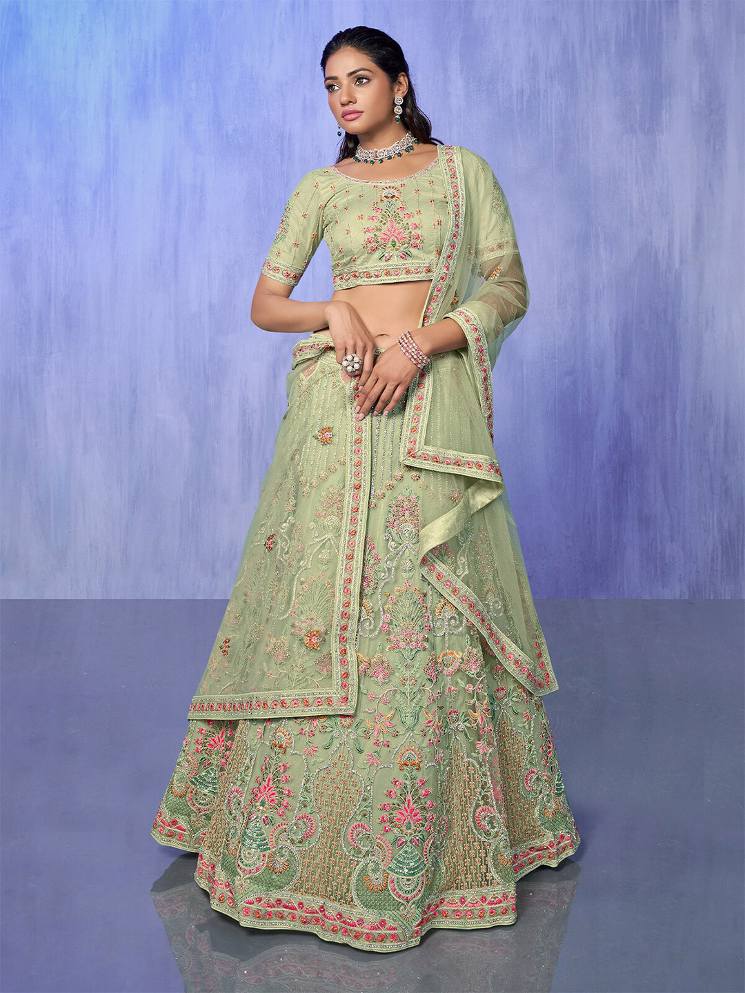 

ODETTE Embroidered Organza Beads and Stones Semi-Stitched Lehenga & Blouse With Dupatta, Green