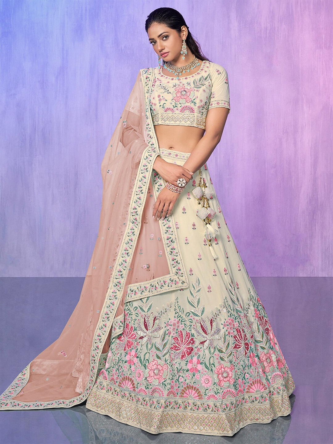 

ODETTE Embroidered Beads and Stones Semi-Stitched Lehenga & Blouse With Dupatta, Off white