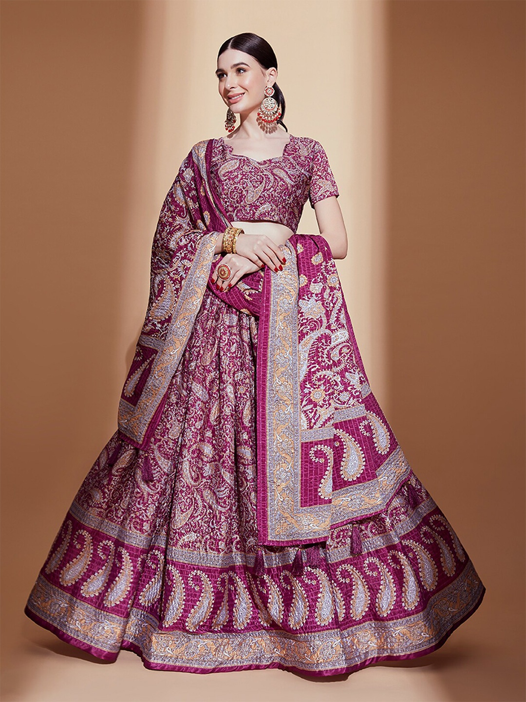 

ODETTE Printed Semi-Stitched Lehenga & Blouse With Dupatta, Purple