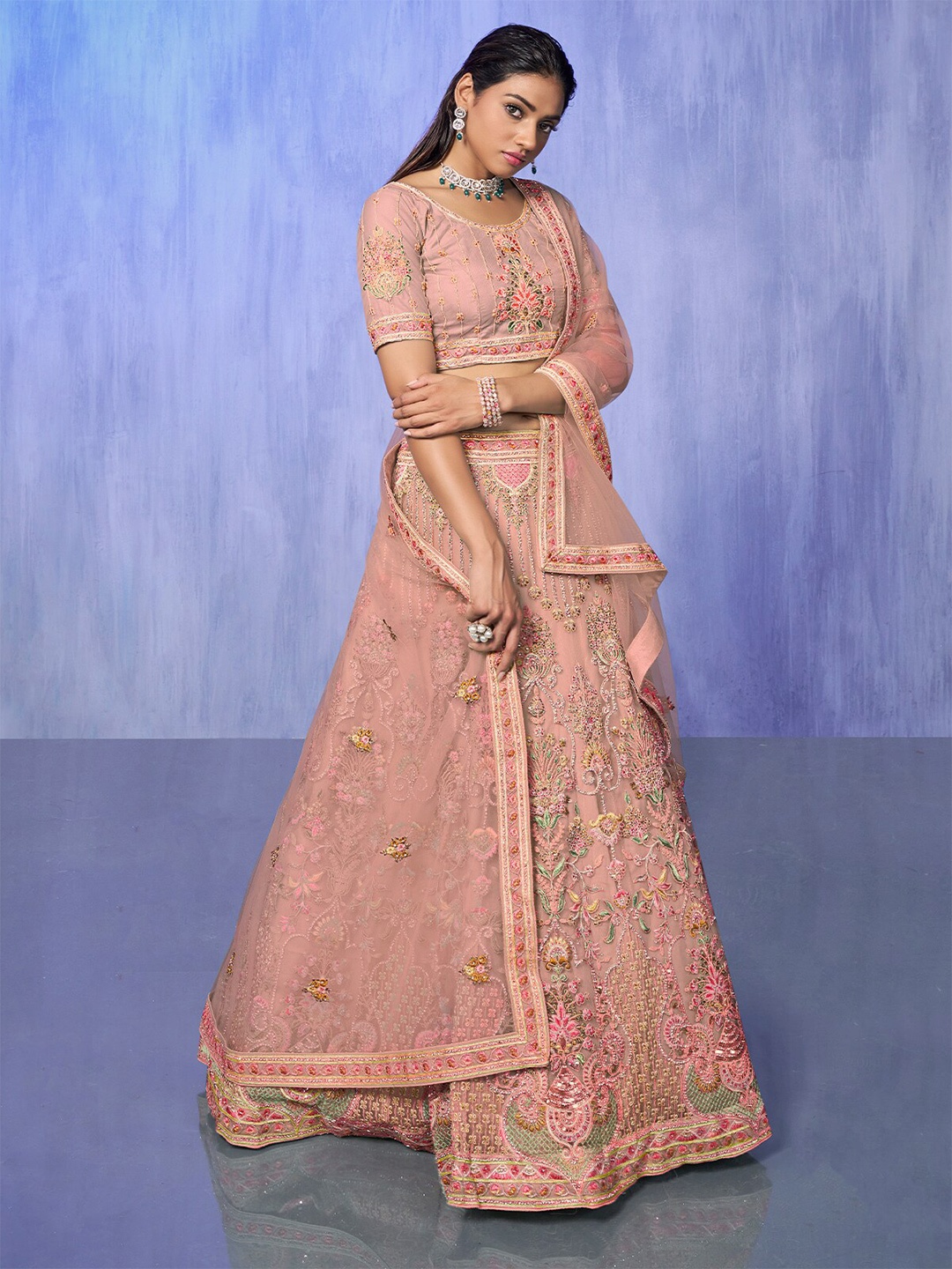 

ODETTE Embroidered Organza Semi-Stitched Lehenga & Unstitched Blouse With Dupatta, Peach