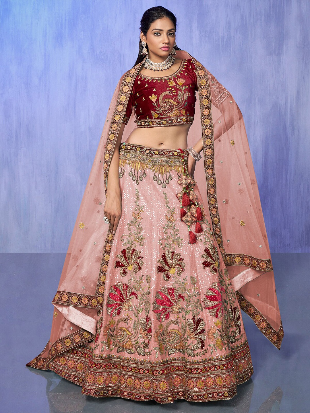 

ODETTE Embroidered Beads and Stones Semi-Stitched Lehenga & Blouse With Dupatta, Peach