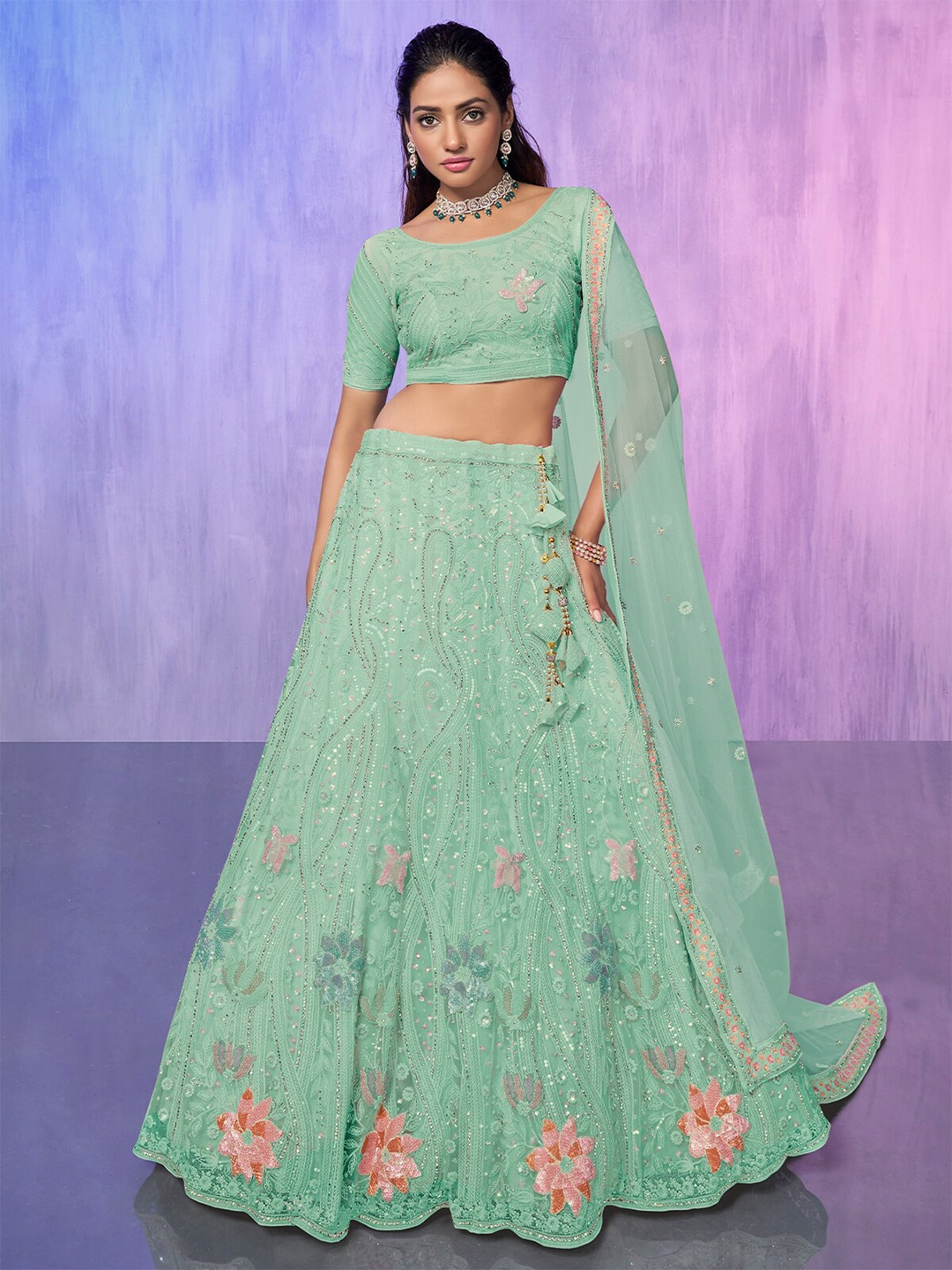 

ODETTE Embellished Beads & Stones Semi-Stitched Lehenga & Blouse With Dupatta, Sea green