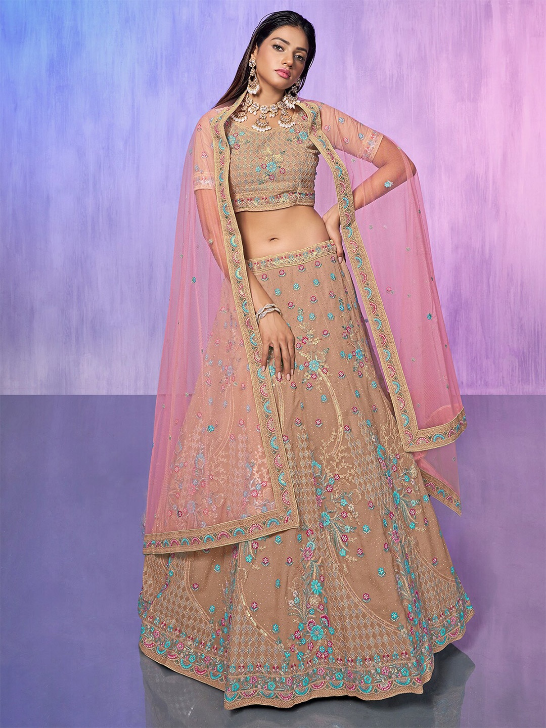 

ODETTE Embroidered Sequinned Detailed Semi-Stitched Lehenga & Blouse With Dupatta, Mauve