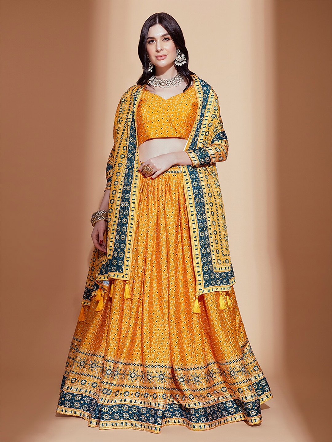 

ODETTE Ethnic Motif Printed Semi-Stitched Lehenga & Blouse With Dupatta, Mustard