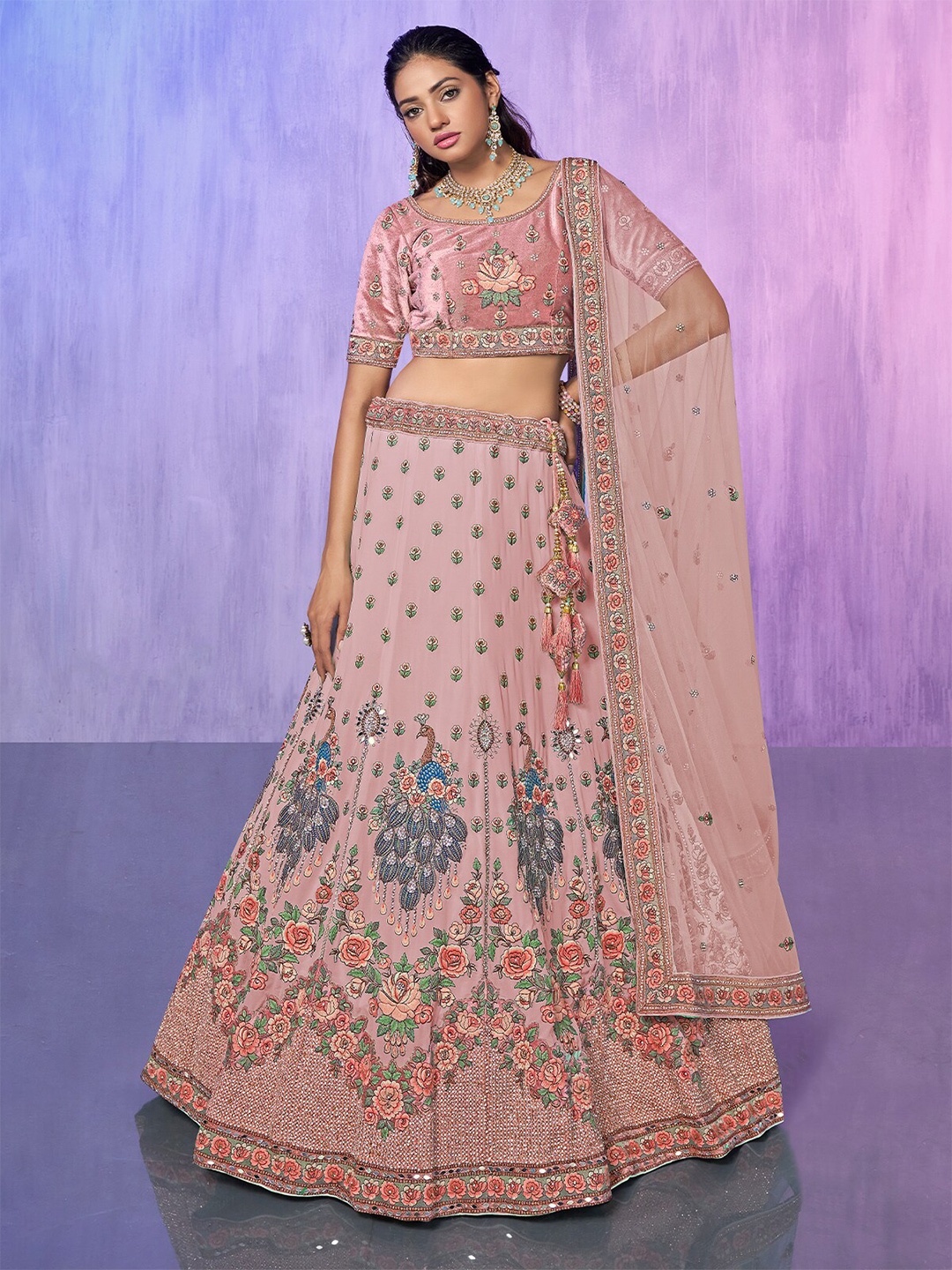 

ODETTE Floral Embroidered Beads and Stones Semi-Stitched Lehenga & Blouse With Dupatta, Mauve