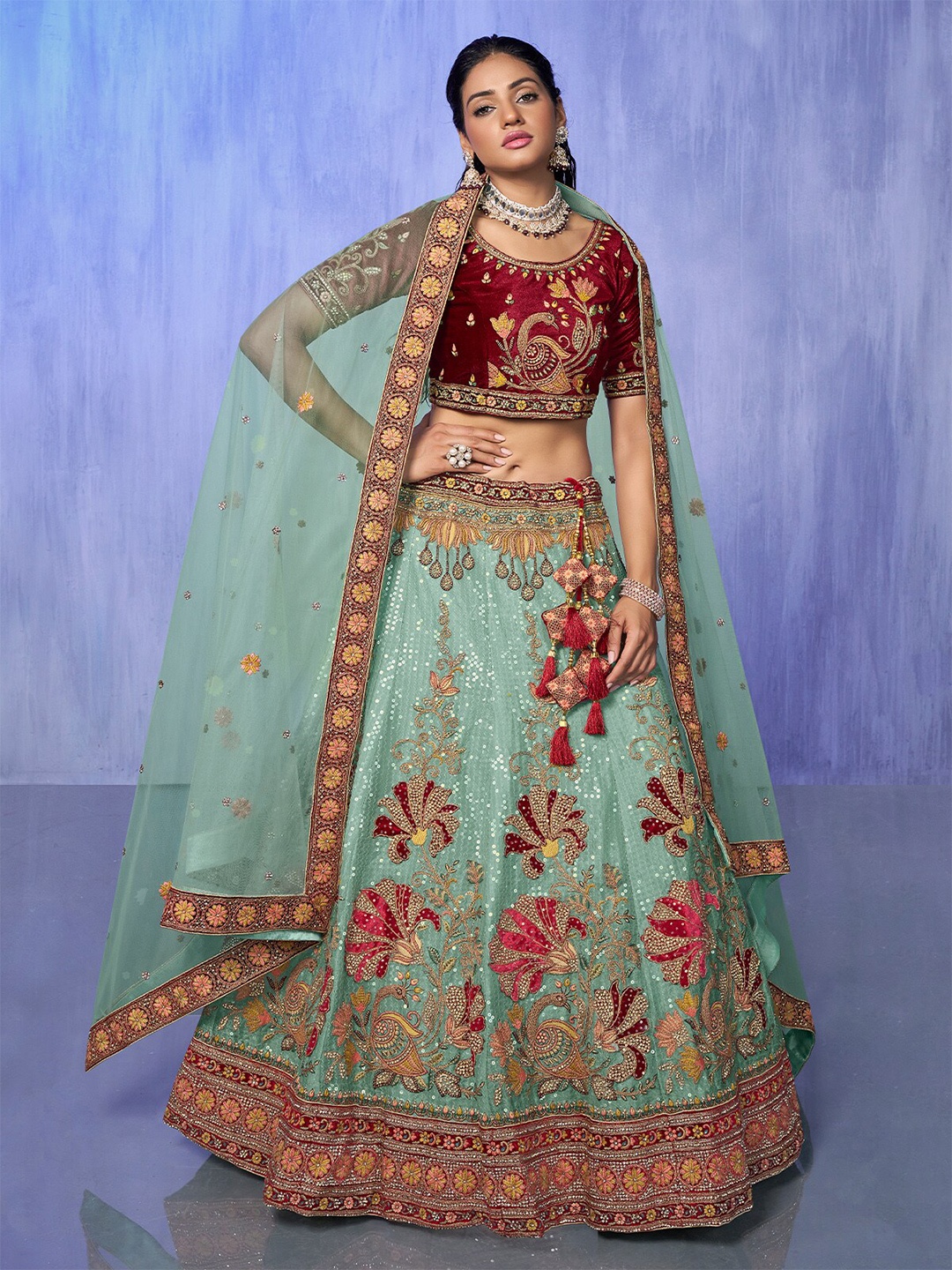 

ODETTE Embroidered Sequinned Semi-Stitched Lehenga & Blouse With Dupatta, Sea green