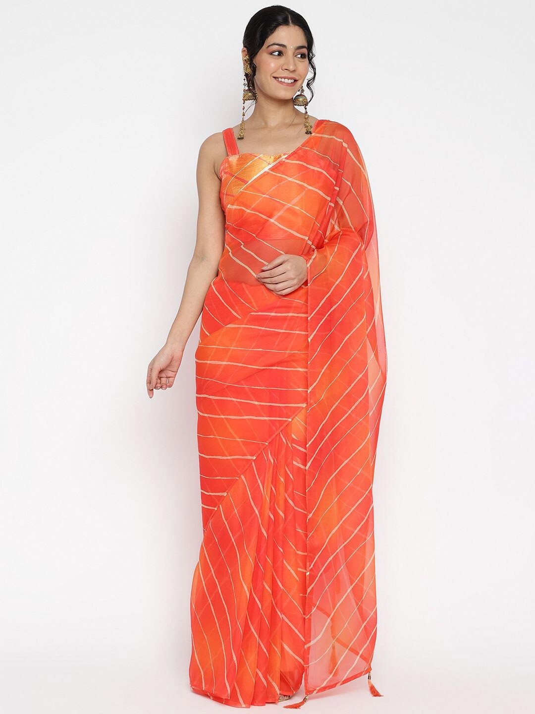 

VIRICA Leheriya Printed Organza Saree, Orange