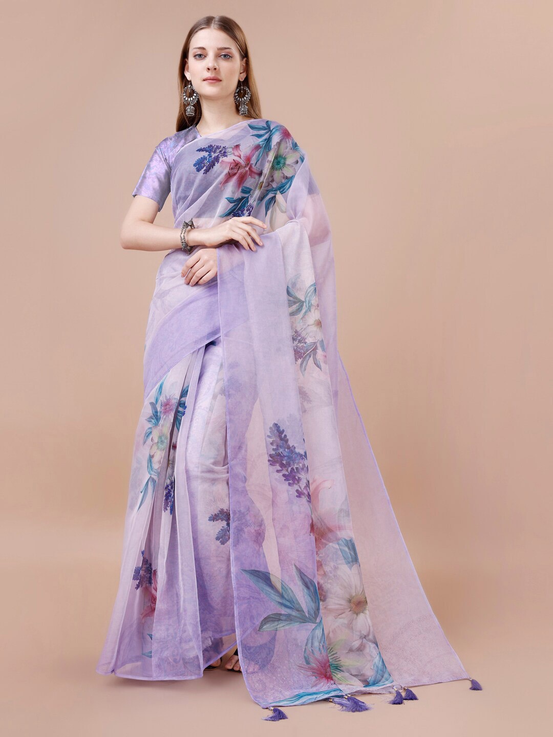 

VIRICA Floral Printed Organza Saree, Purple